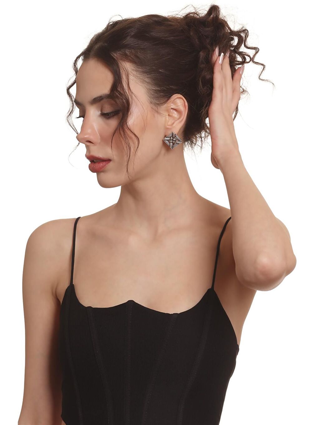 Gri Kadın Antik Gümüş Kaplama Çivili Model Örgü Dokulu Geometrik Formlu Küpe-4