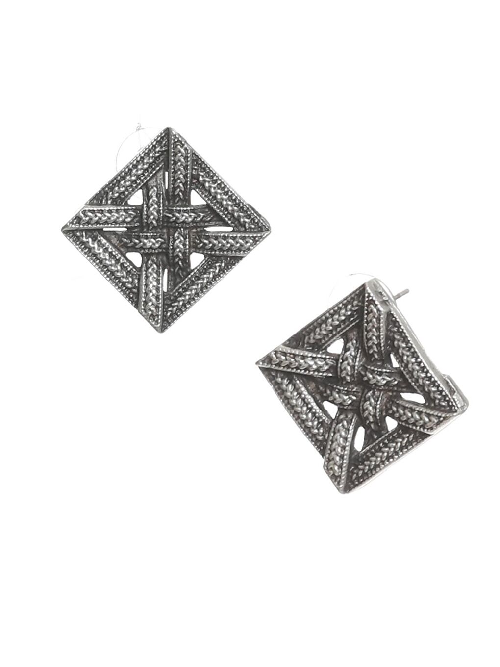 Gri Kadın Antik Gümüş Kaplama Çivili Model Örgü Dokulu Geometrik Formlu Küpe