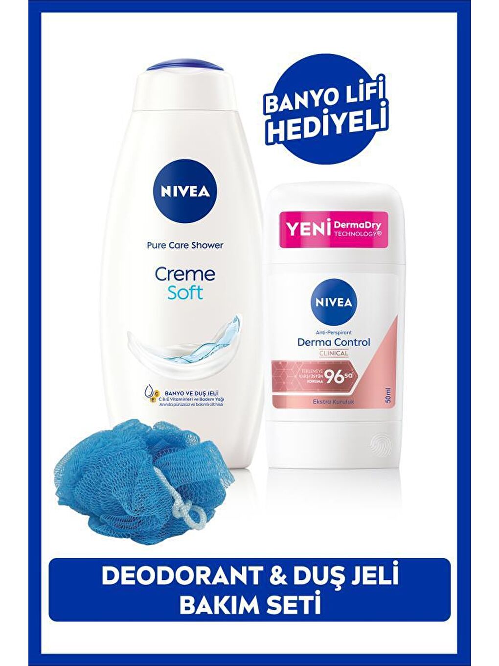 NIVEA Şeffaf Kadın Stick Deodorant Derma Control Clinical 50ml ve Creme Soft Duş Jeli 750ml, Banyo Lif Hediyeli