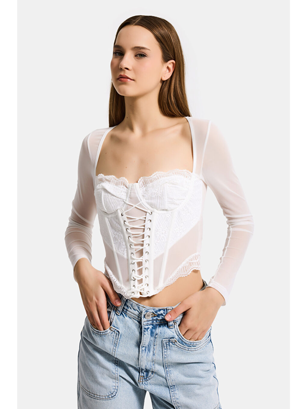 Ekru Kadın Beyaz w5 Balenli Kuş Gözü Detaylı Tül Dantel Özel Tasarım Büstiyer-2