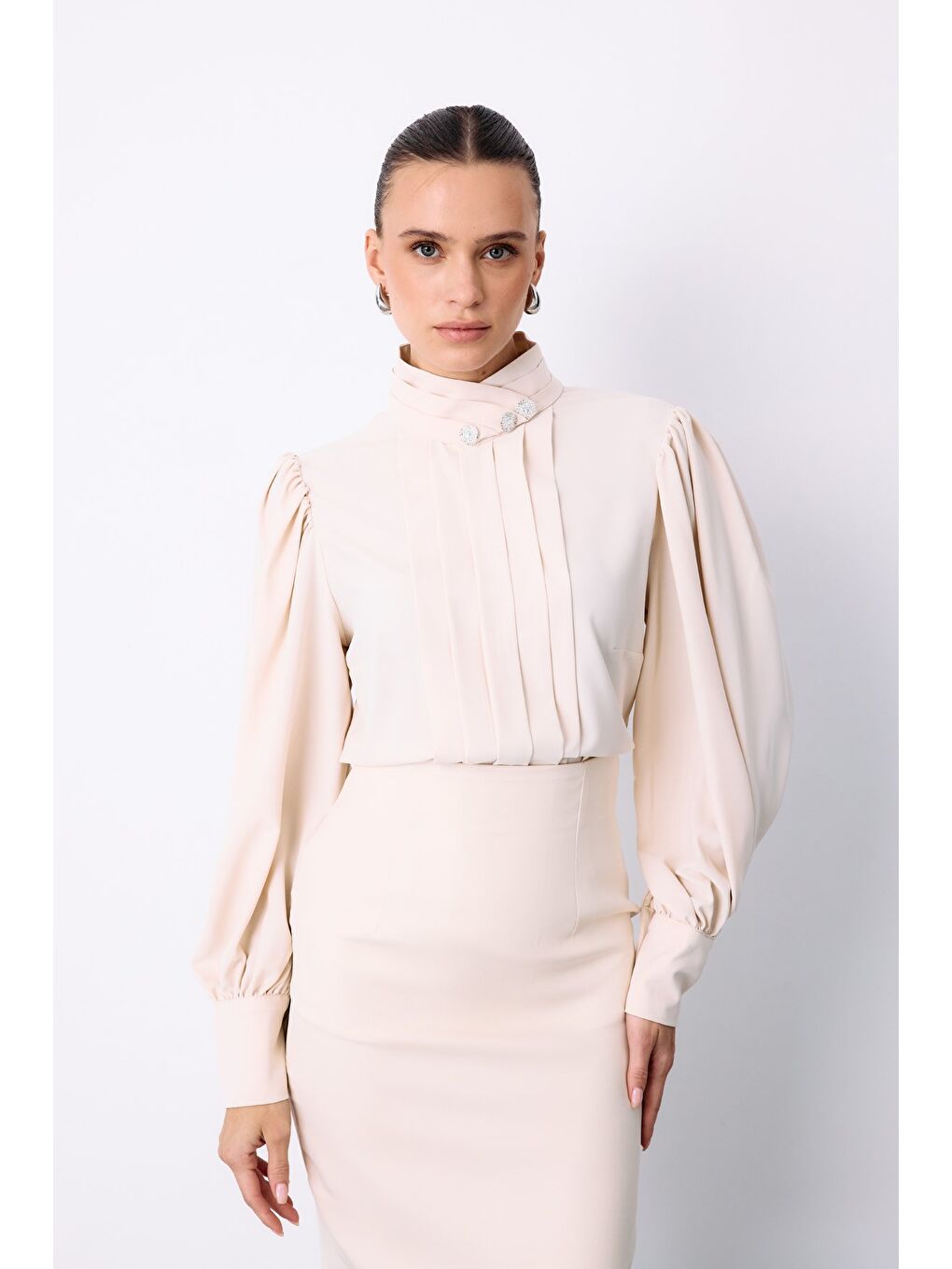 Nervür Detaylı Bluz - Bej-3