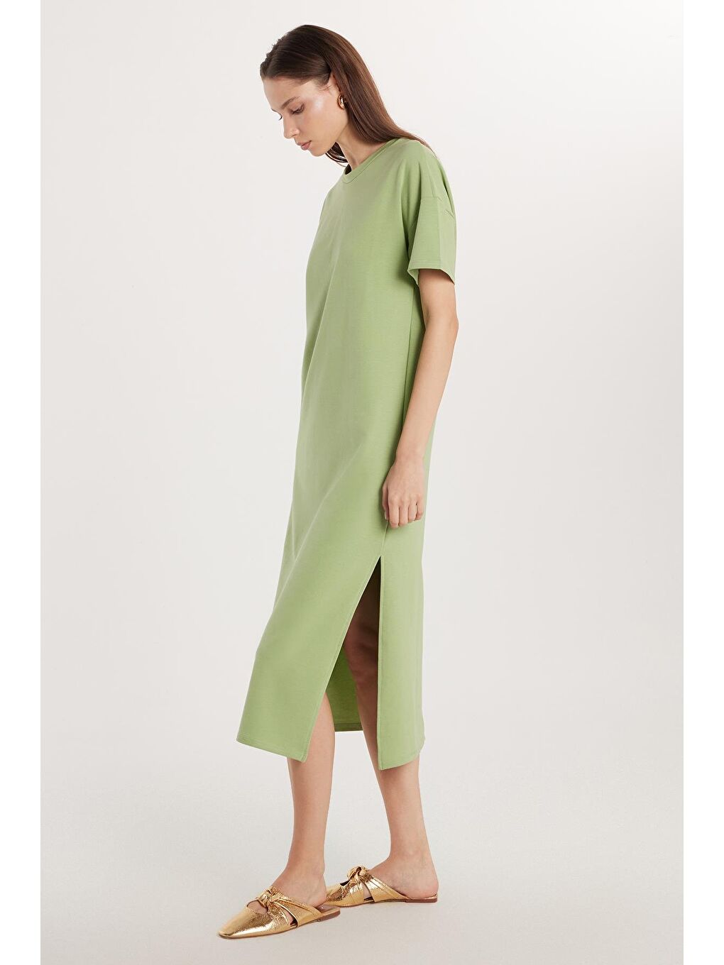 Kadın Regular Fit Kısa Kollu Esnek Kumaş Cepli Bisiklet Yaka Yeşil Elbise-3