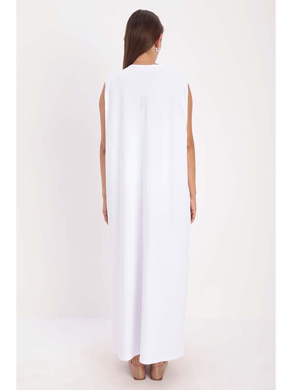 Beyaz-Büyük Beden Pamuklu Bisiklet Yaka Kolsuz Elastanlı İçlik Elbise-2