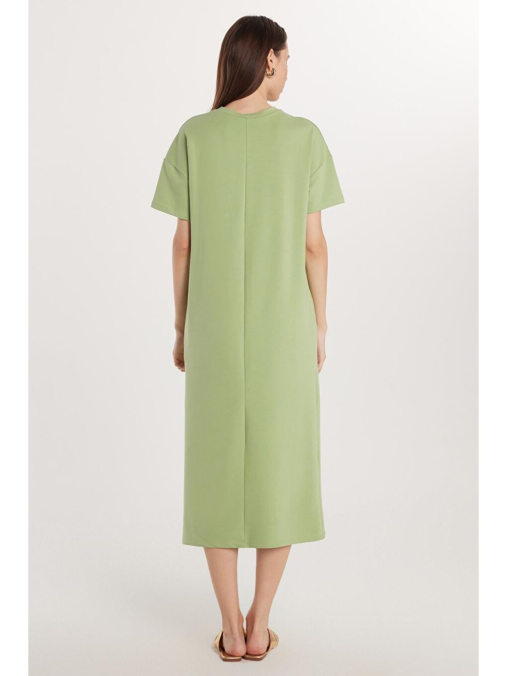 Kadın Regular Fit Kısa Kollu Esnek Kumaş Cepli Bisiklet Yaka Yeşil Elbise-4