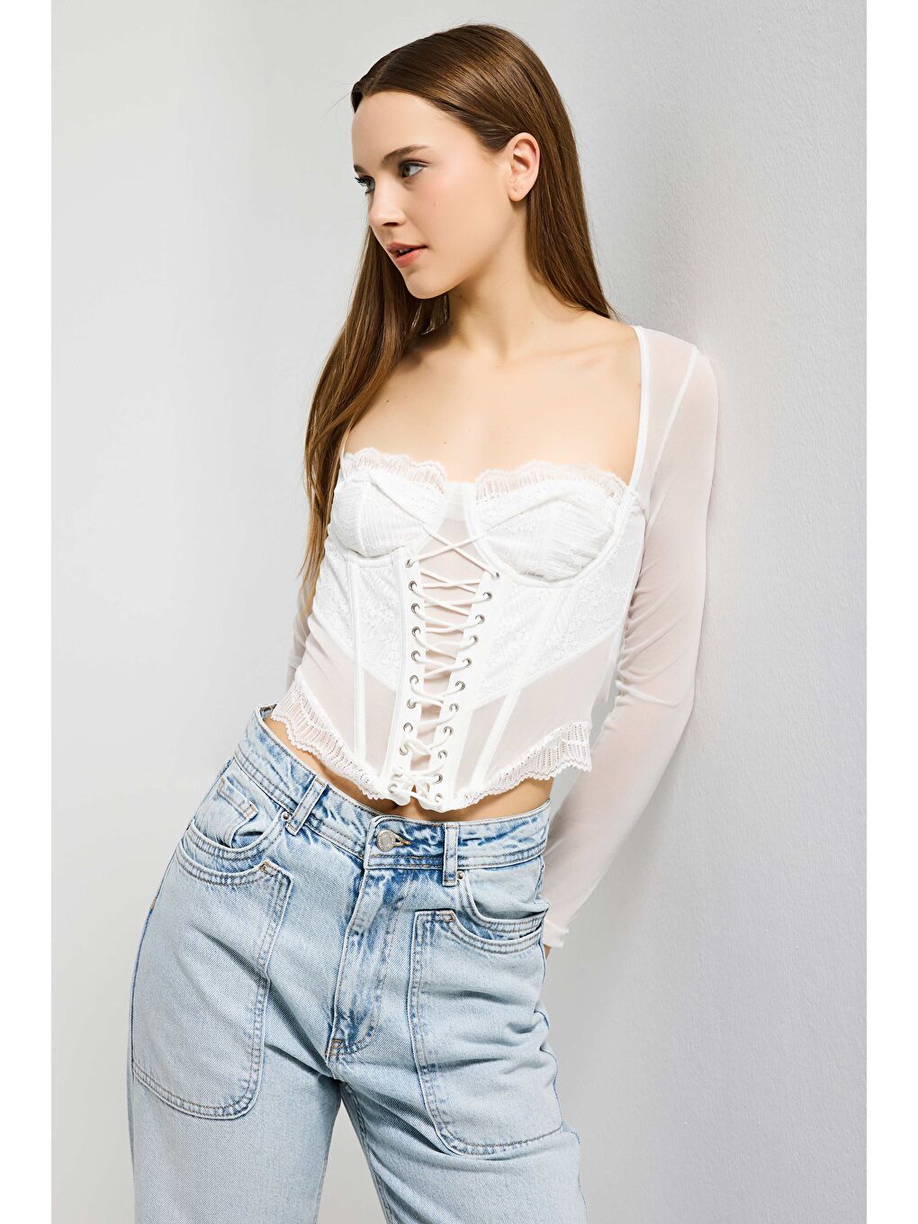 Ekru Kadın Beyaz w5 Balenli Kuş Gözü Detaylı Tül Dantel Özel Tasarım Büstiyer-5