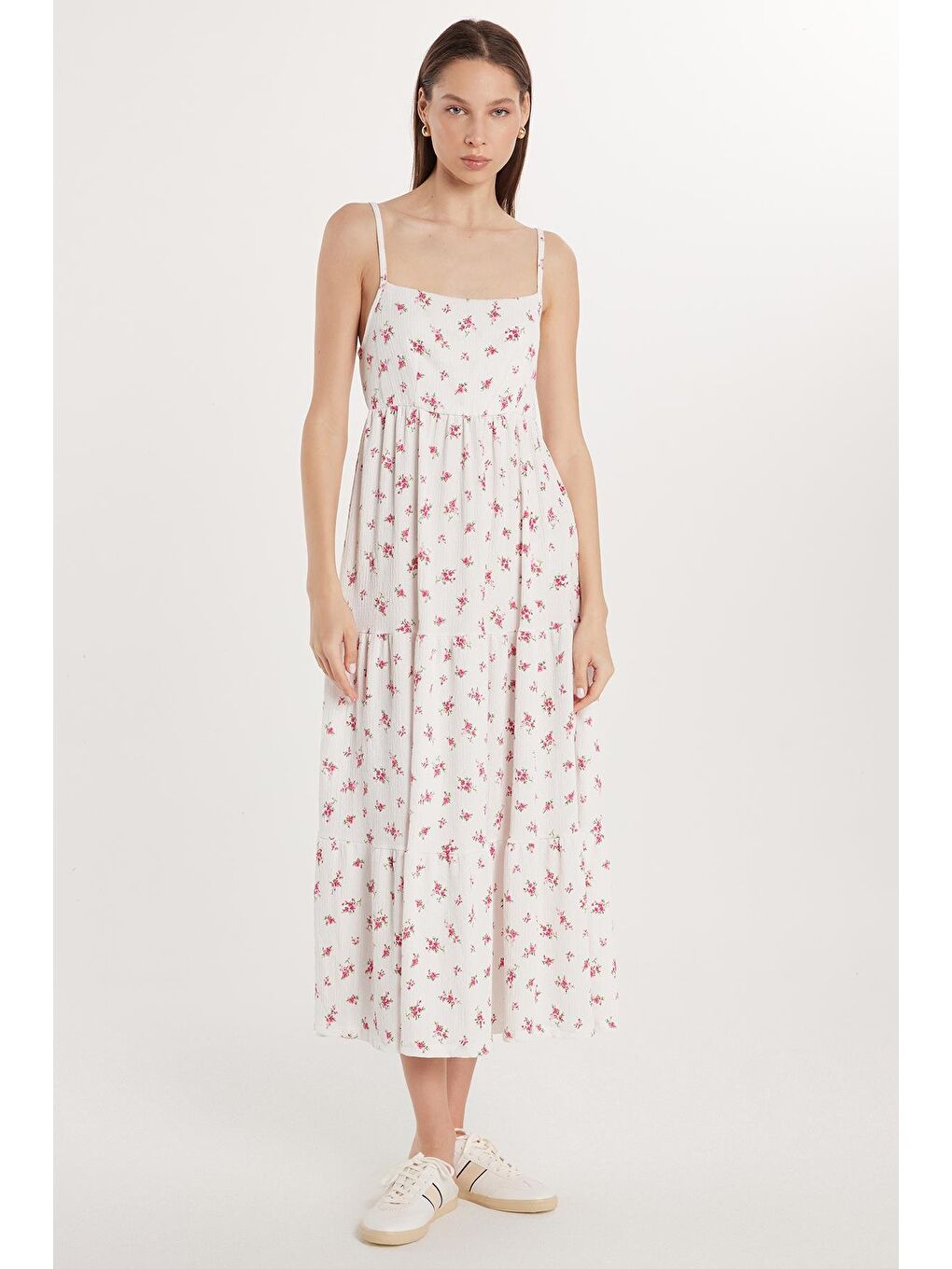 Karışık Kadın Regular Fit İnce Askılı Kare Yaka Bağlama Detaylı Baskılı Elbise