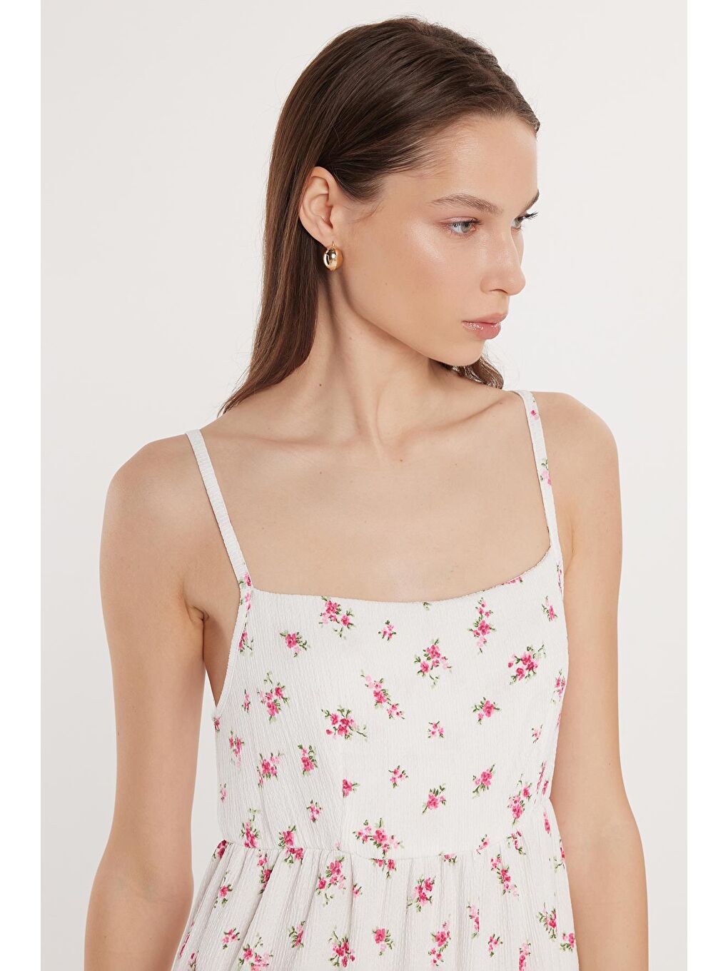 Karışık Kadın Regular Fit İnce Askılı Kare Yaka Bağlama Detaylı Baskılı Elbise-1