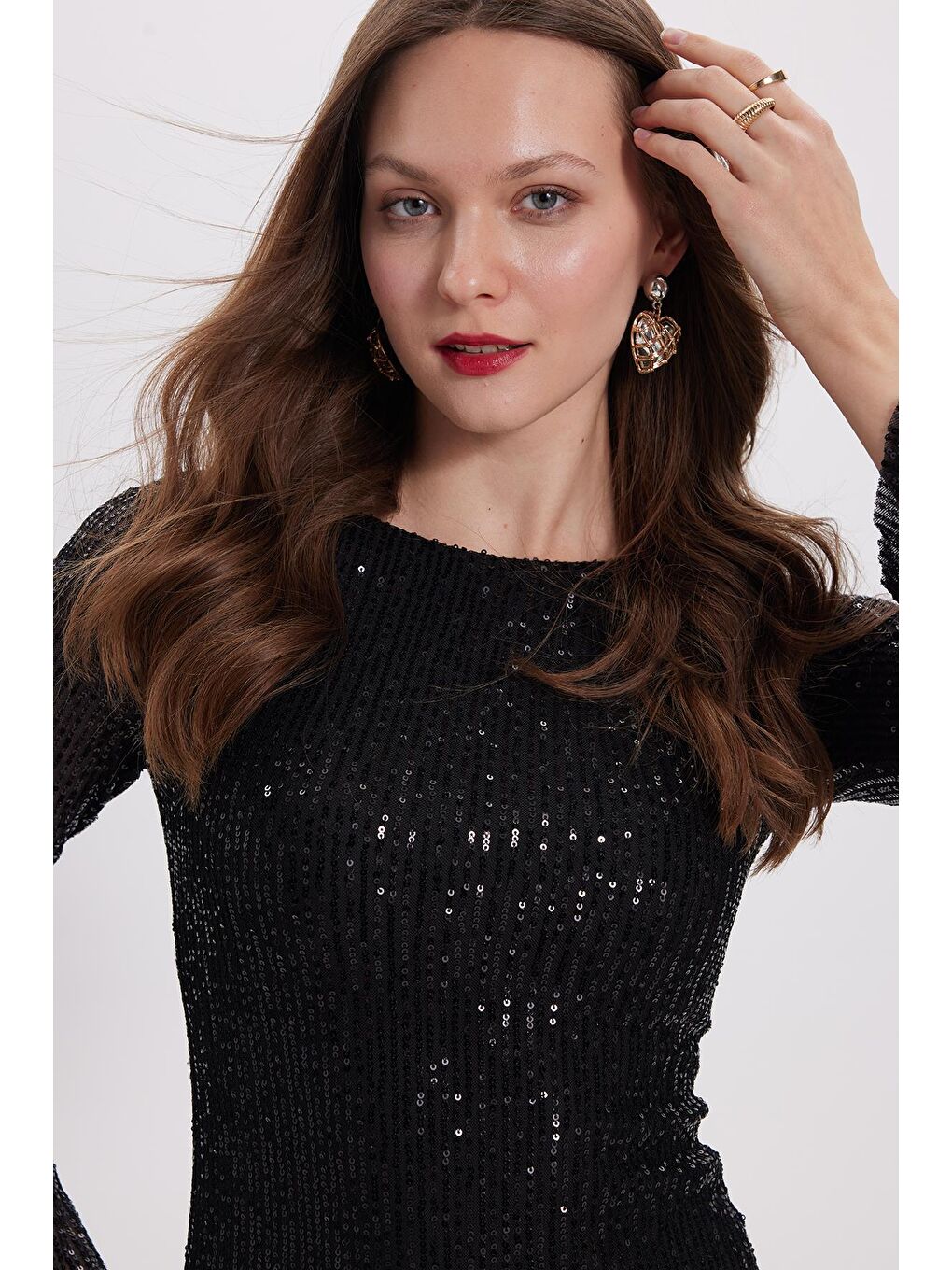 Kadın Slim Fit Dar Kesim Uzun Kol Bisiklet Yaka Düz Siyah Elbise-1