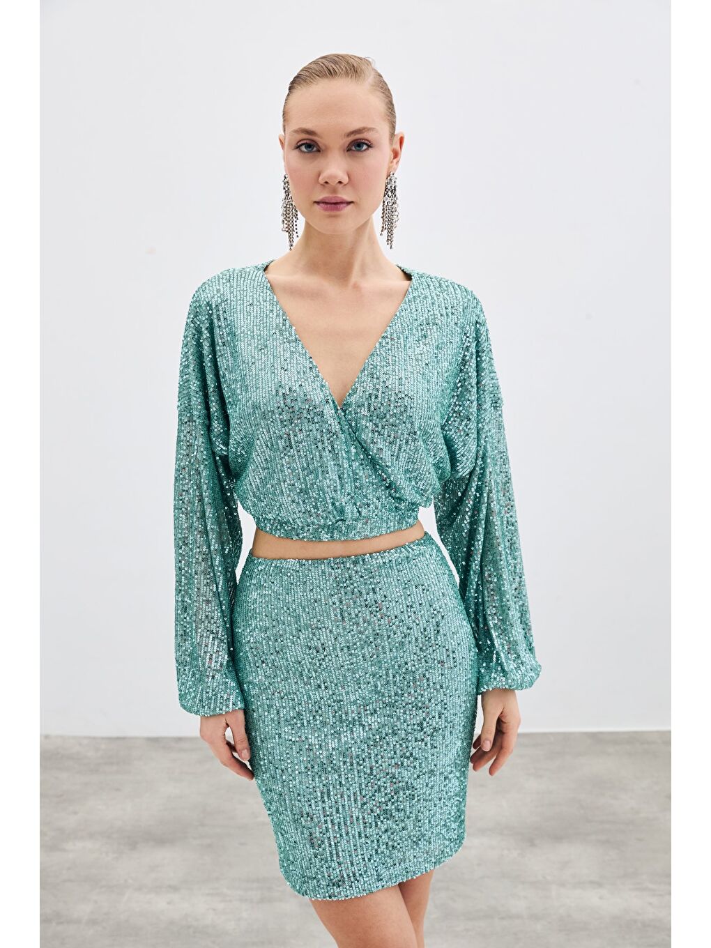 SATEEN Yeşil Payetli Kruvaze Bluz - Mint