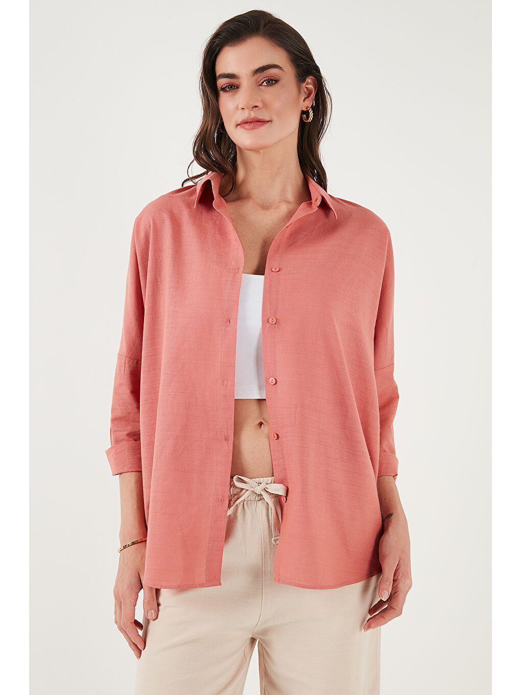 Pembe Streç Pamuklu Oversize Fit 2' li Paket Gömlek-Atlet Set 67810014979S2-1