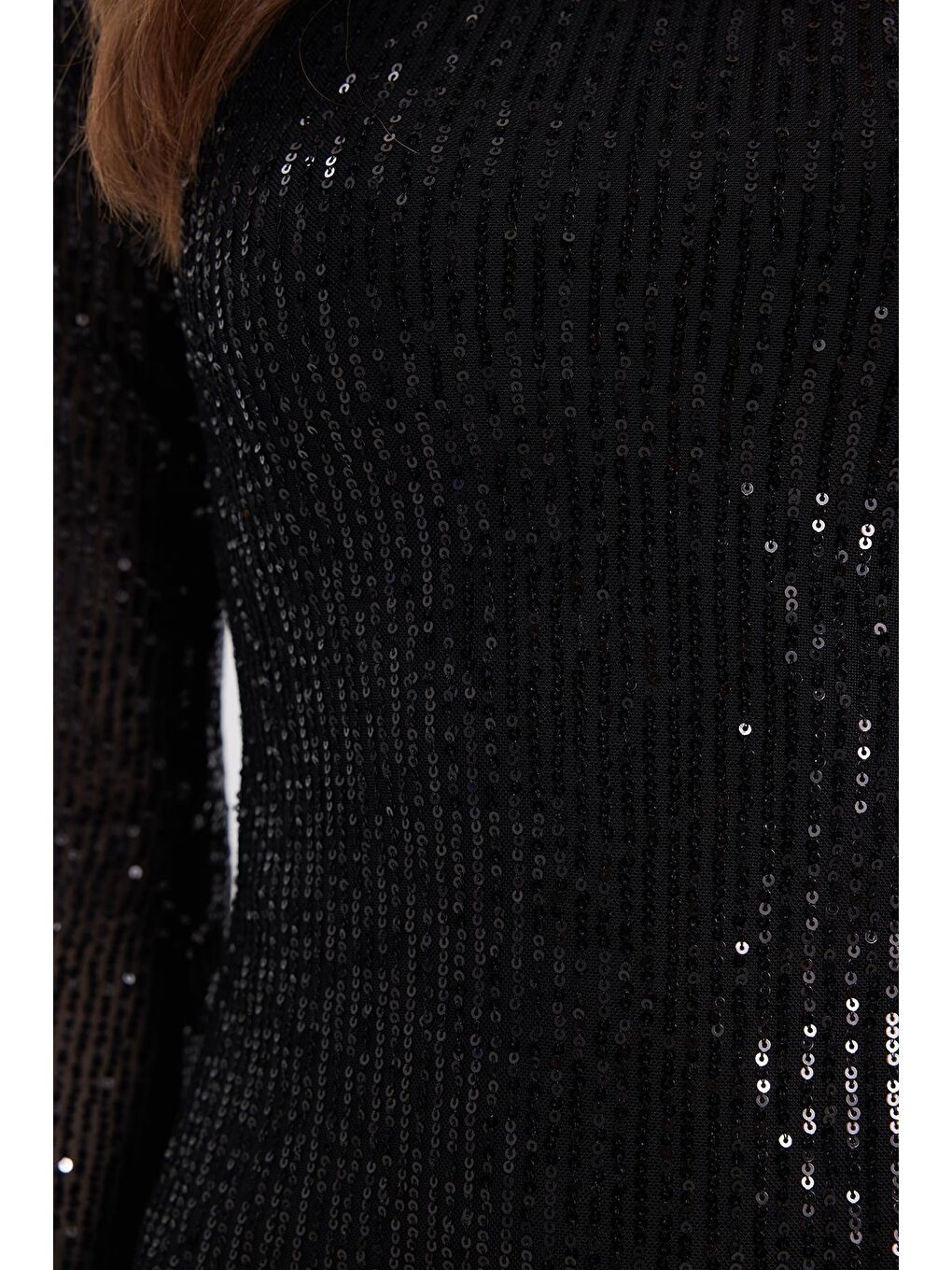 Kadın Slim Fit Dar Kesim Uzun Kol Bisiklet Yaka Düz Siyah Elbise-3