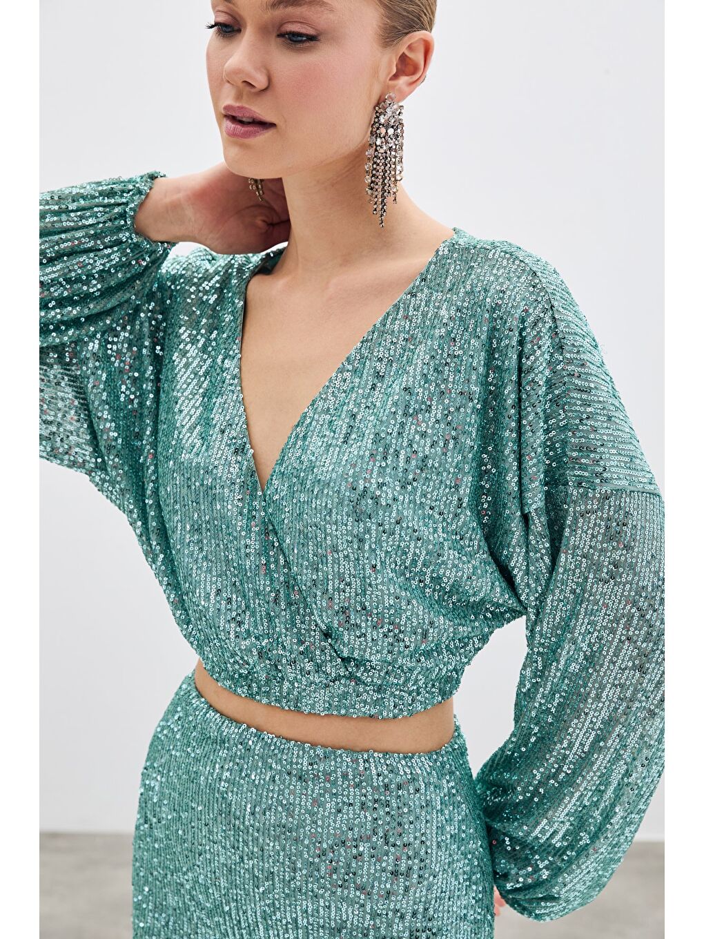 SATEEN Yeşil Payetli Kruvaze Bluz - Mint - 4