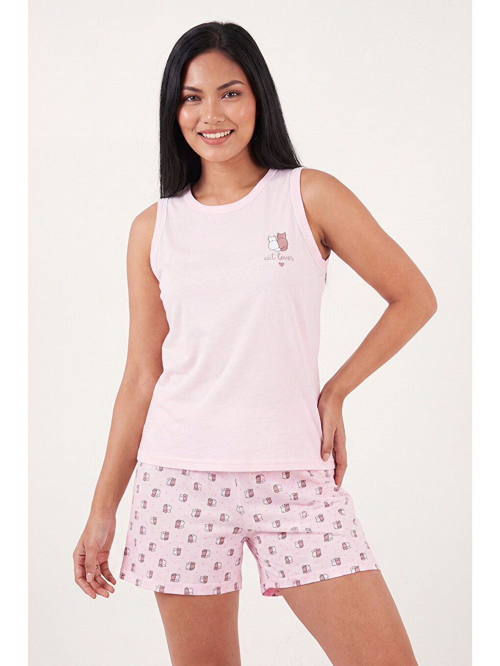 Pembe Baskılı Pamuklu Bisiklet Yaka Şortlu Pijama Takımı 65790786-2