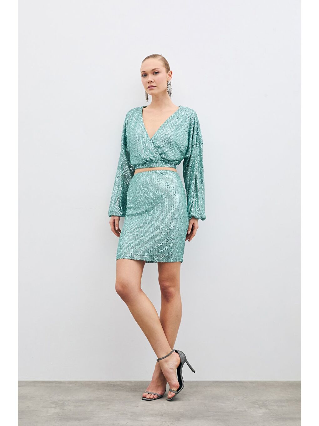 SATEEN Yeşil Payetli Kruvaze Bluz - Mint - 5