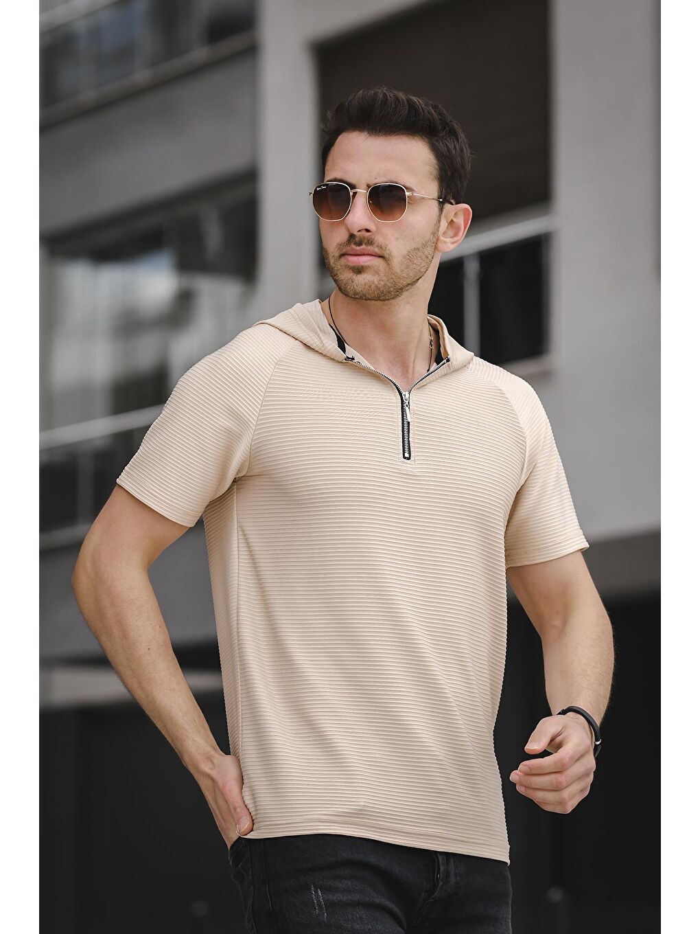 Bej Allard Ottoman Kumaş Slim Fit Fermuarlı Kapüşonlu Erkek Tişört