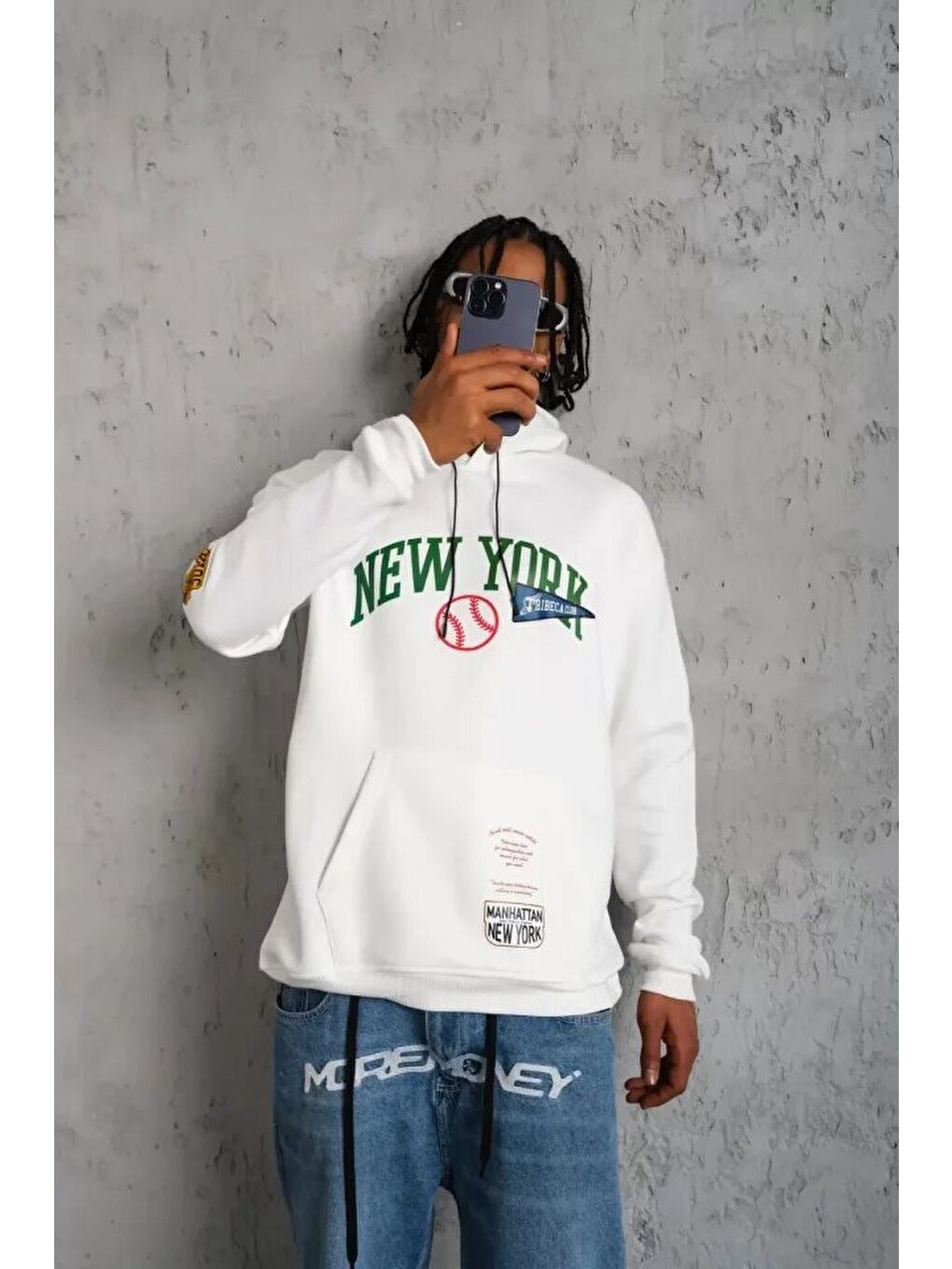 Erkek Baskılı Kapüşonlu Sweatshirt - Beyaz