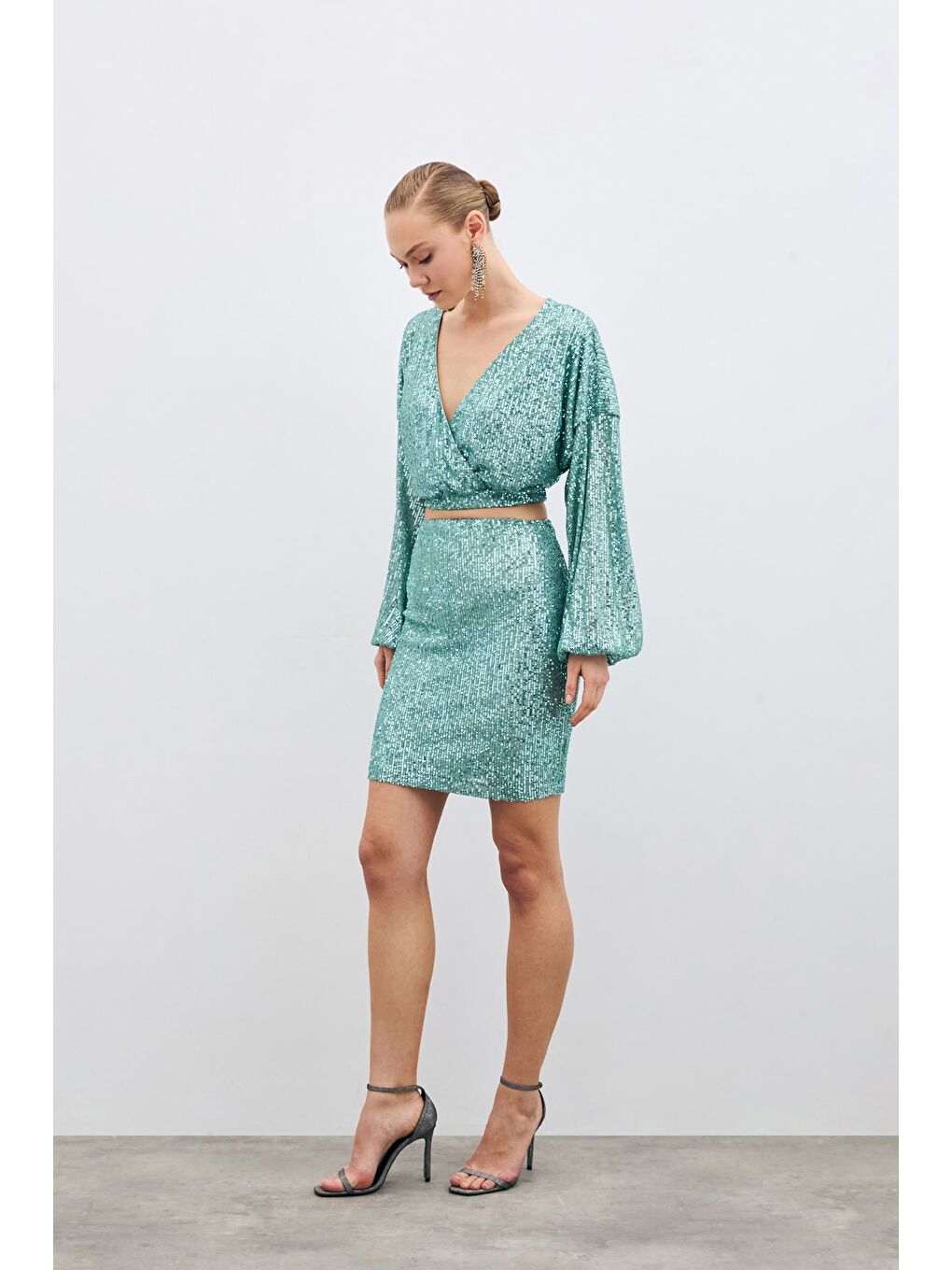 SATEEN Yeşil Payetli Kruvaze Bluz - Mint - 6