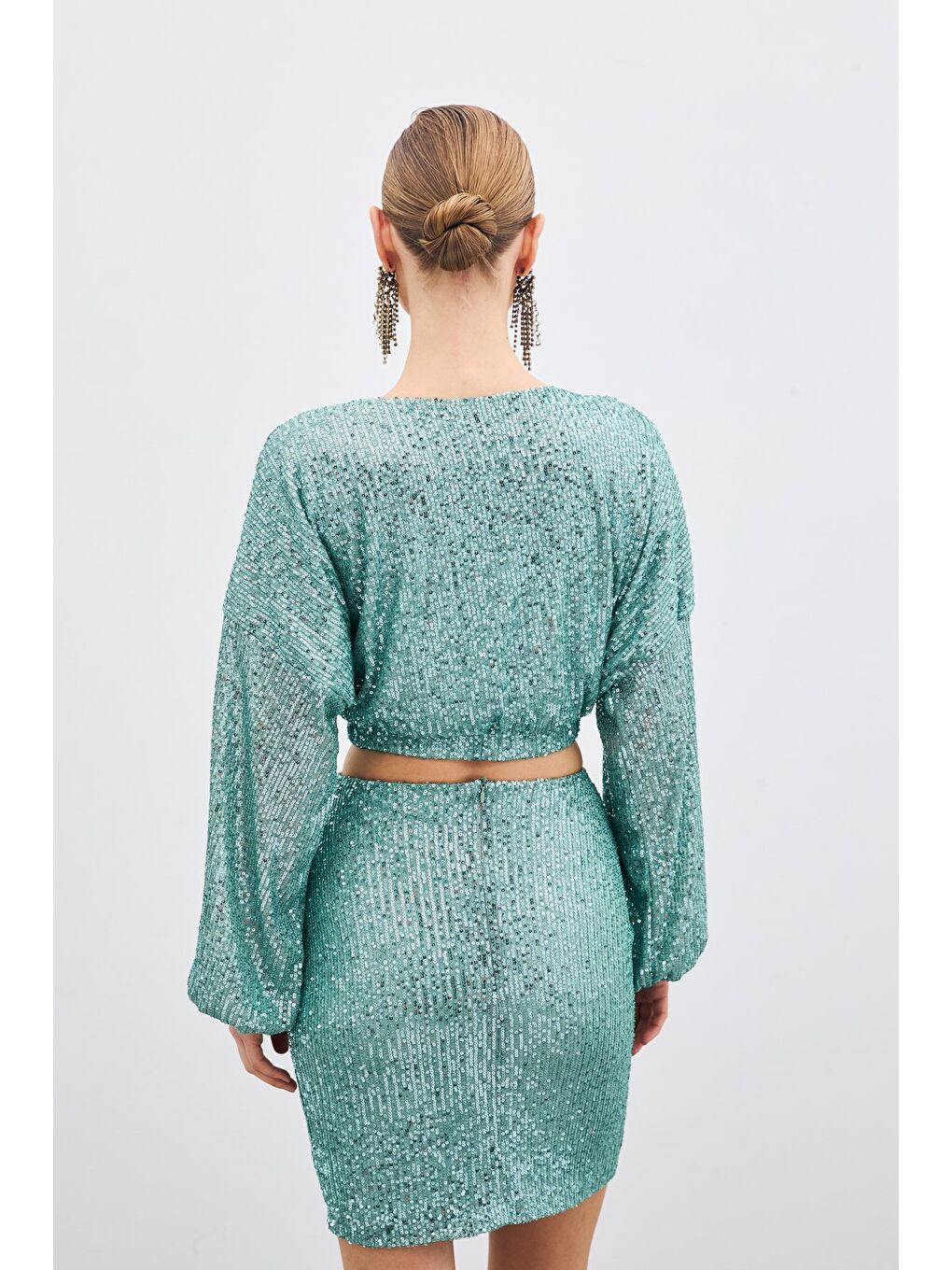 SATEEN Yeşil Payetli Kruvaze Bluz - Mint - 7