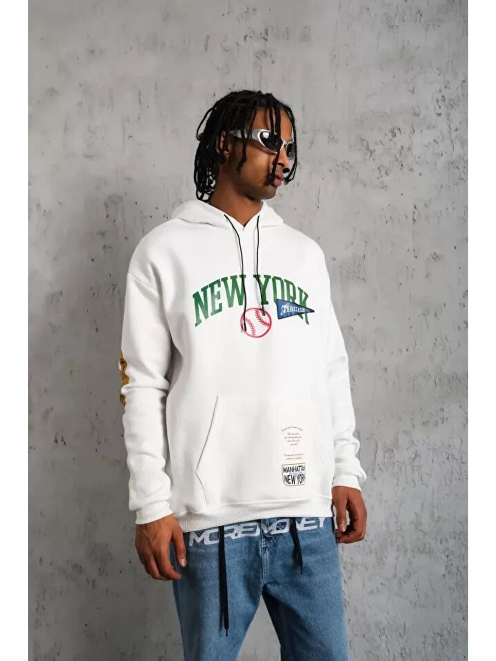 Erkek Baskılı Kapüşonlu Sweatshirt - Beyaz-1