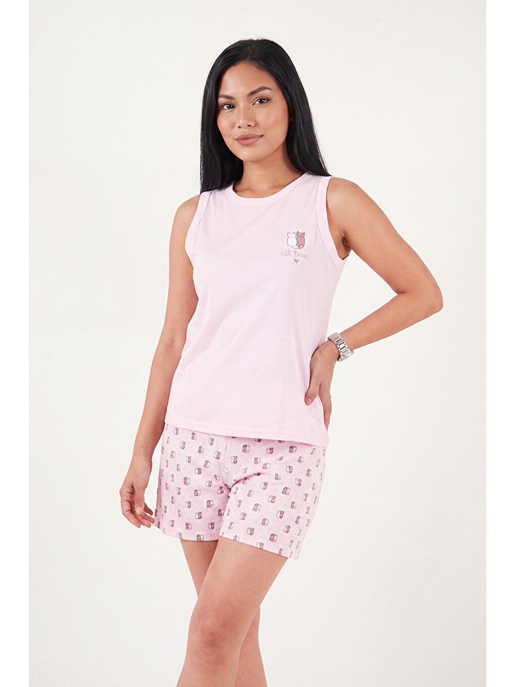 Pembe Baskılı Pamuklu Bisiklet Yaka Şortlu Pijama Takımı 65790786-3