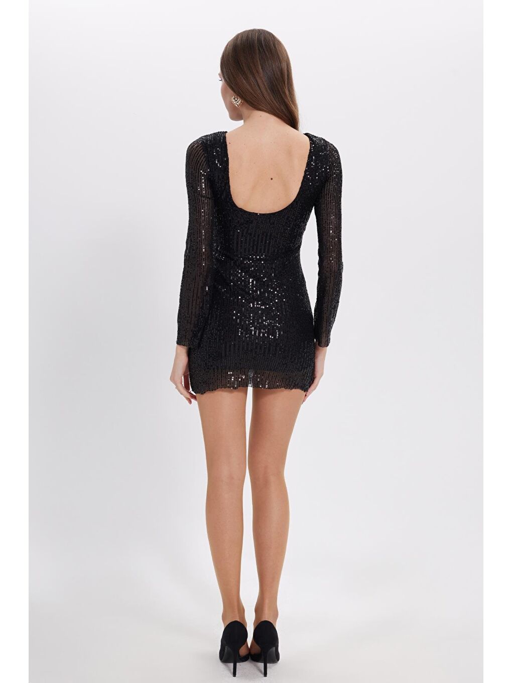 Kadın Slim Fit Dar Kesim Uzun Kol Bisiklet Yaka Düz Siyah Elbise-5