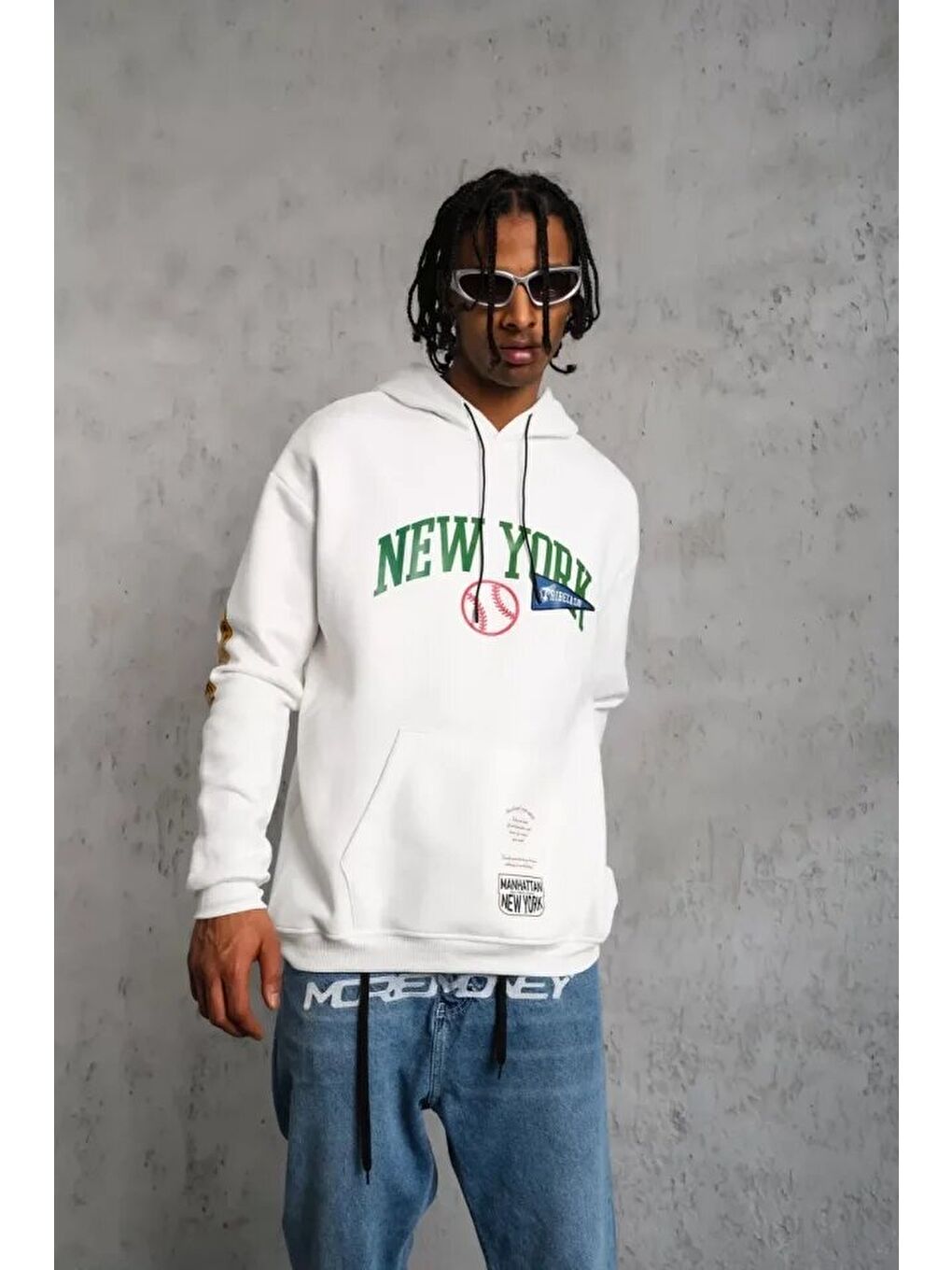 Erkek Baskılı Kapüşonlu Sweatshirt - Beyaz-2