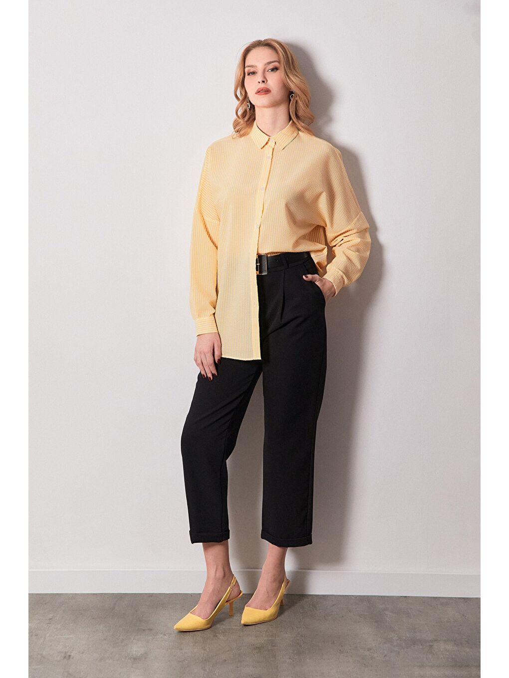 Sarı Çizgili Oversize Gömlek-1