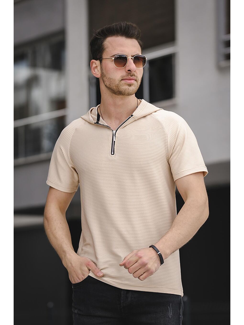 Bej Allard Ottoman Kumaş Slim Fit Fermuarlı Kapüşonlu Erkek Tişört-1