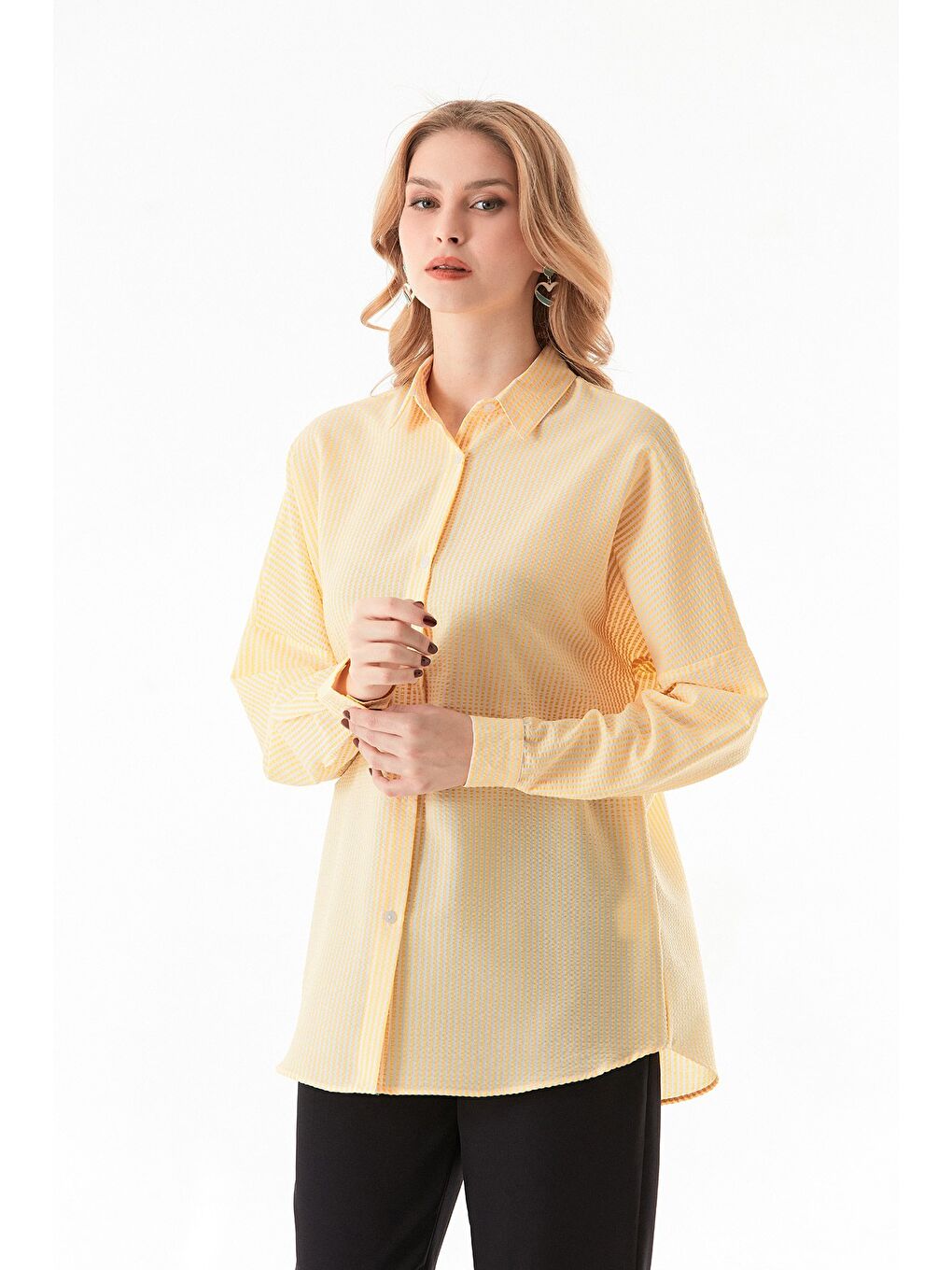Sarı Çizgili Oversize Gömlek-3