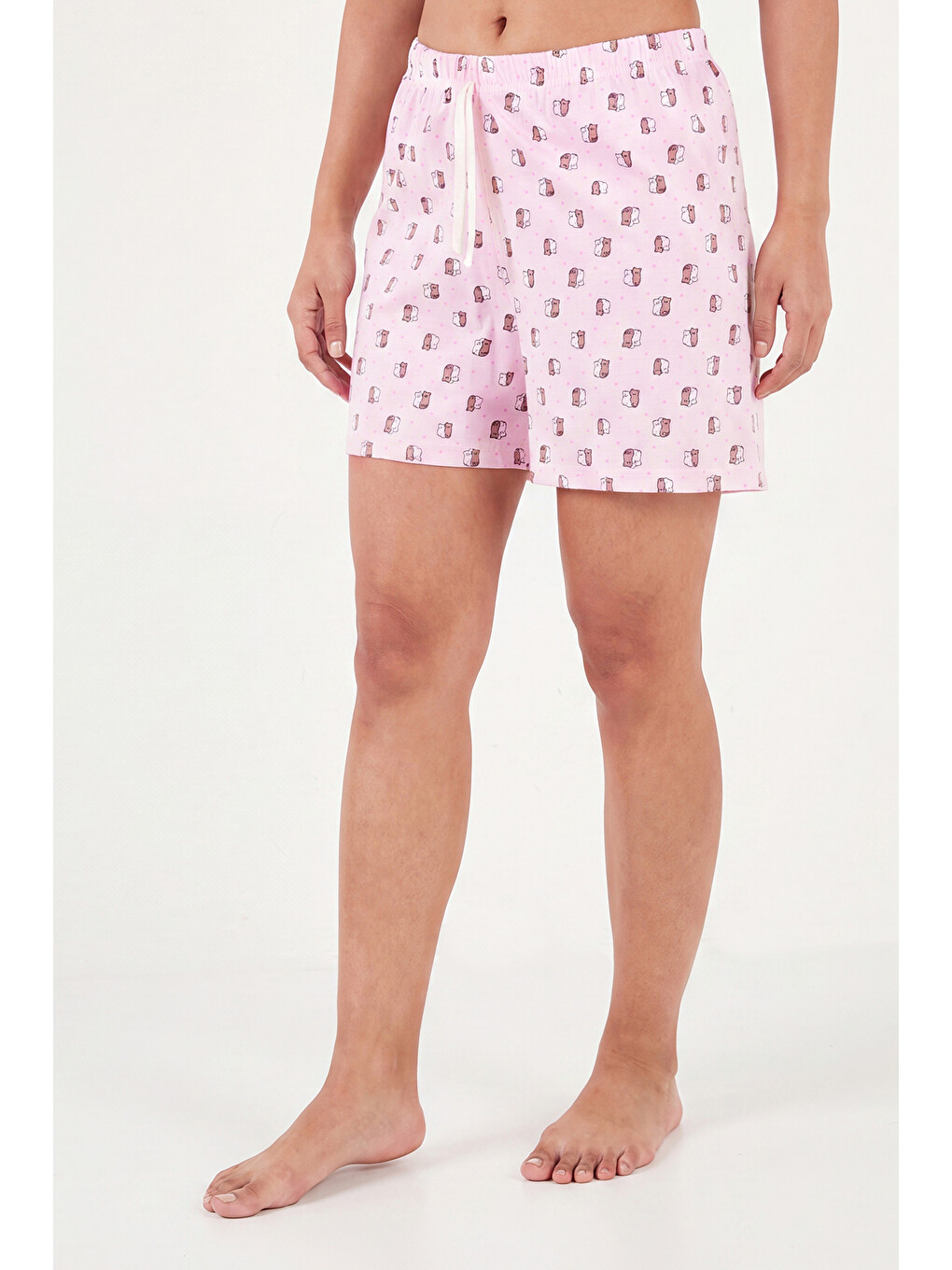 Pembe Baskılı Pamuklu Bisiklet Yaka Şortlu Pijama Takımı 65790786-5