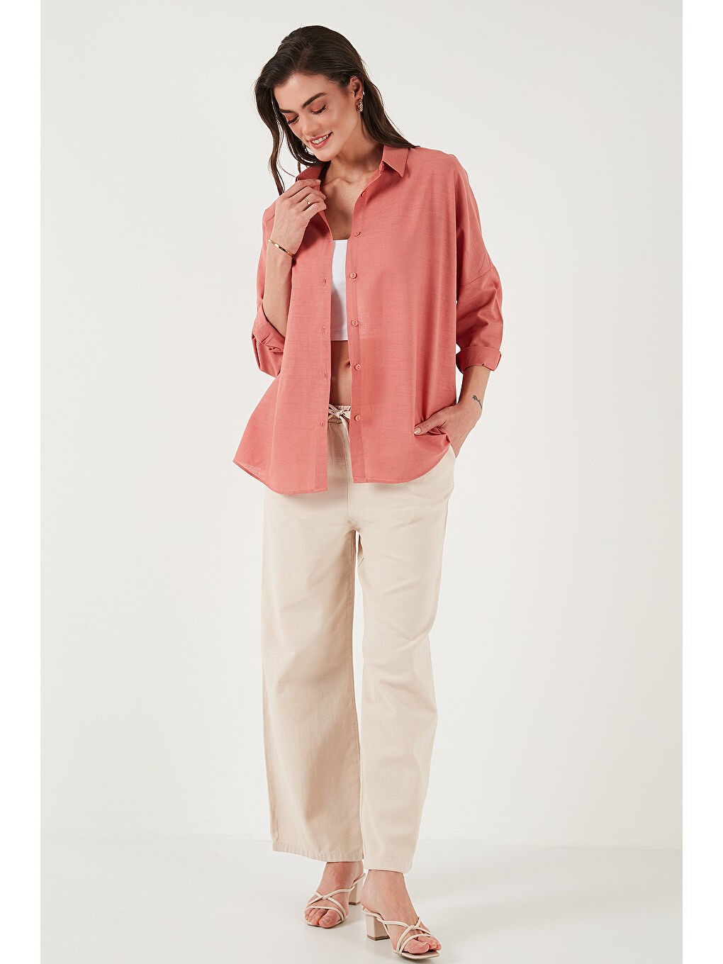 Pembe Streç Pamuklu Oversize Fit 2' li Paket Gömlek-Atlet Set 67810014979S2-4