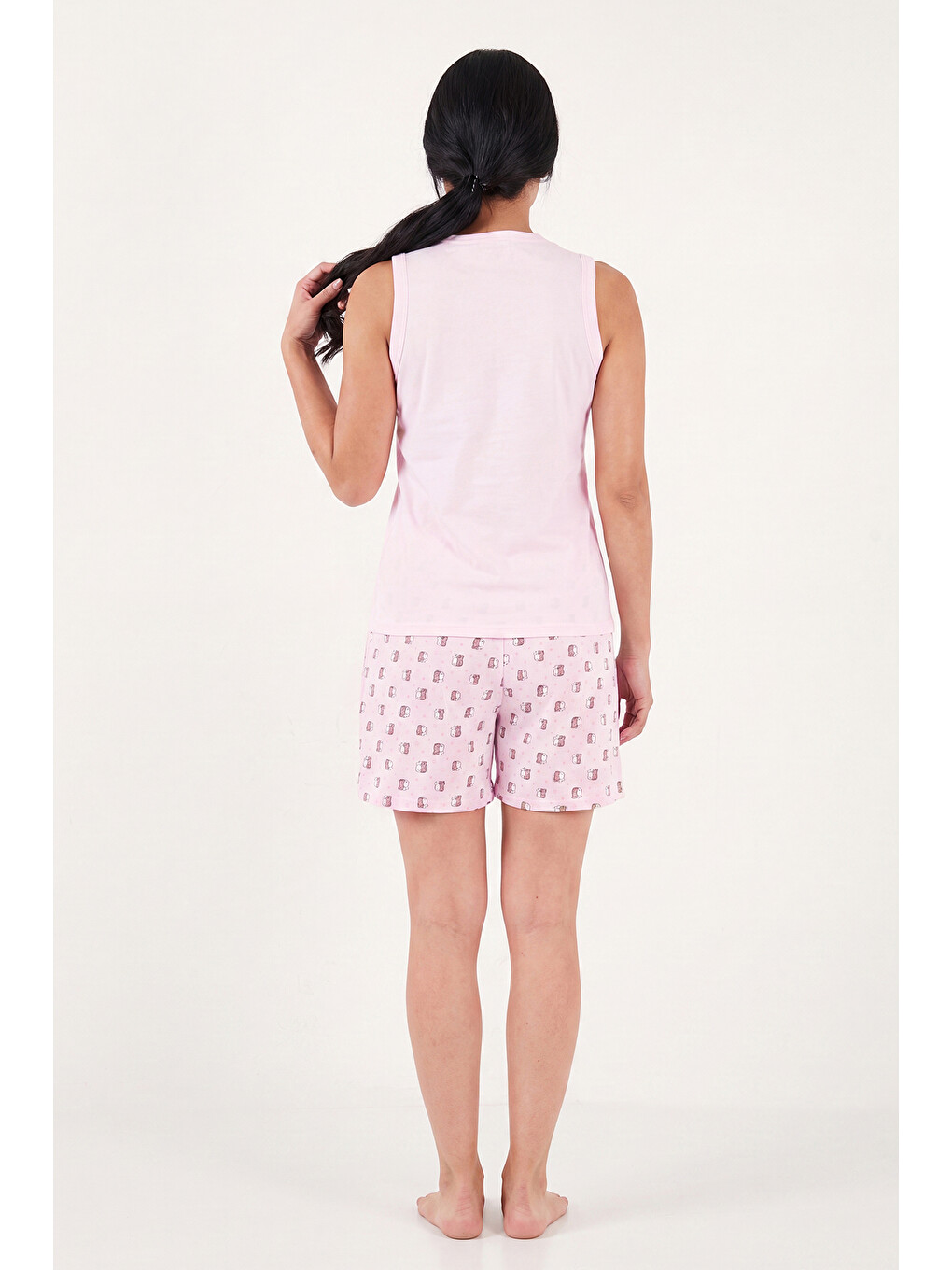 Pembe Baskılı Pamuklu Bisiklet Yaka Şortlu Pijama Takımı 65790786-6