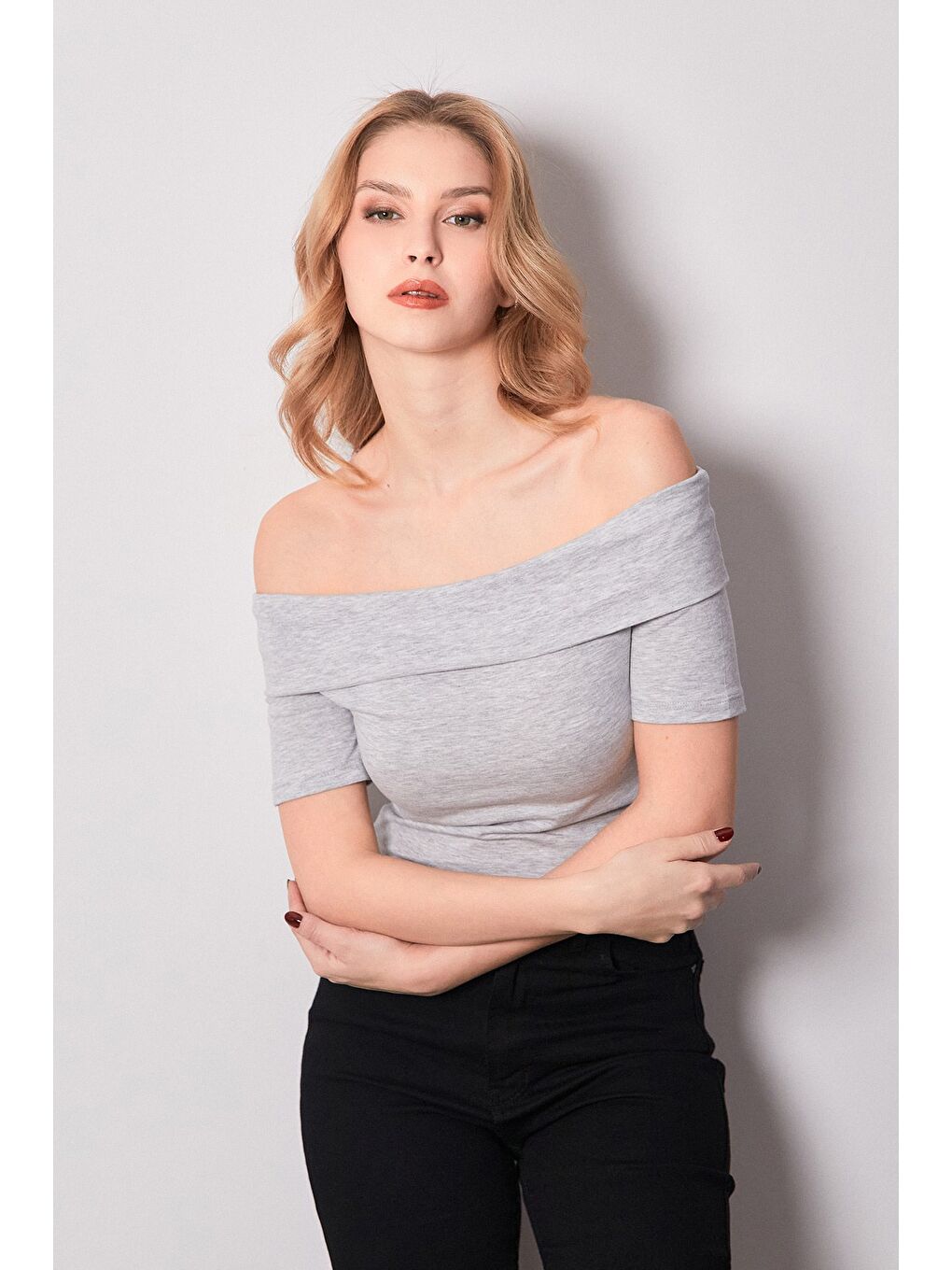 Gri Basic Madonna Yaka Bluz-2