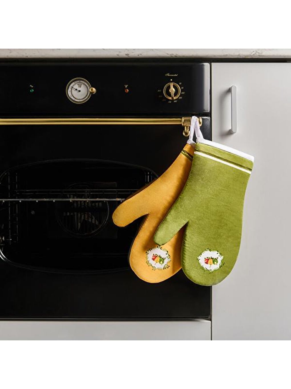 Soft Domates Turşu Desenli 2'li Fırın Eldiven Seti - Turuncu / Yeşil - 26x18 cm