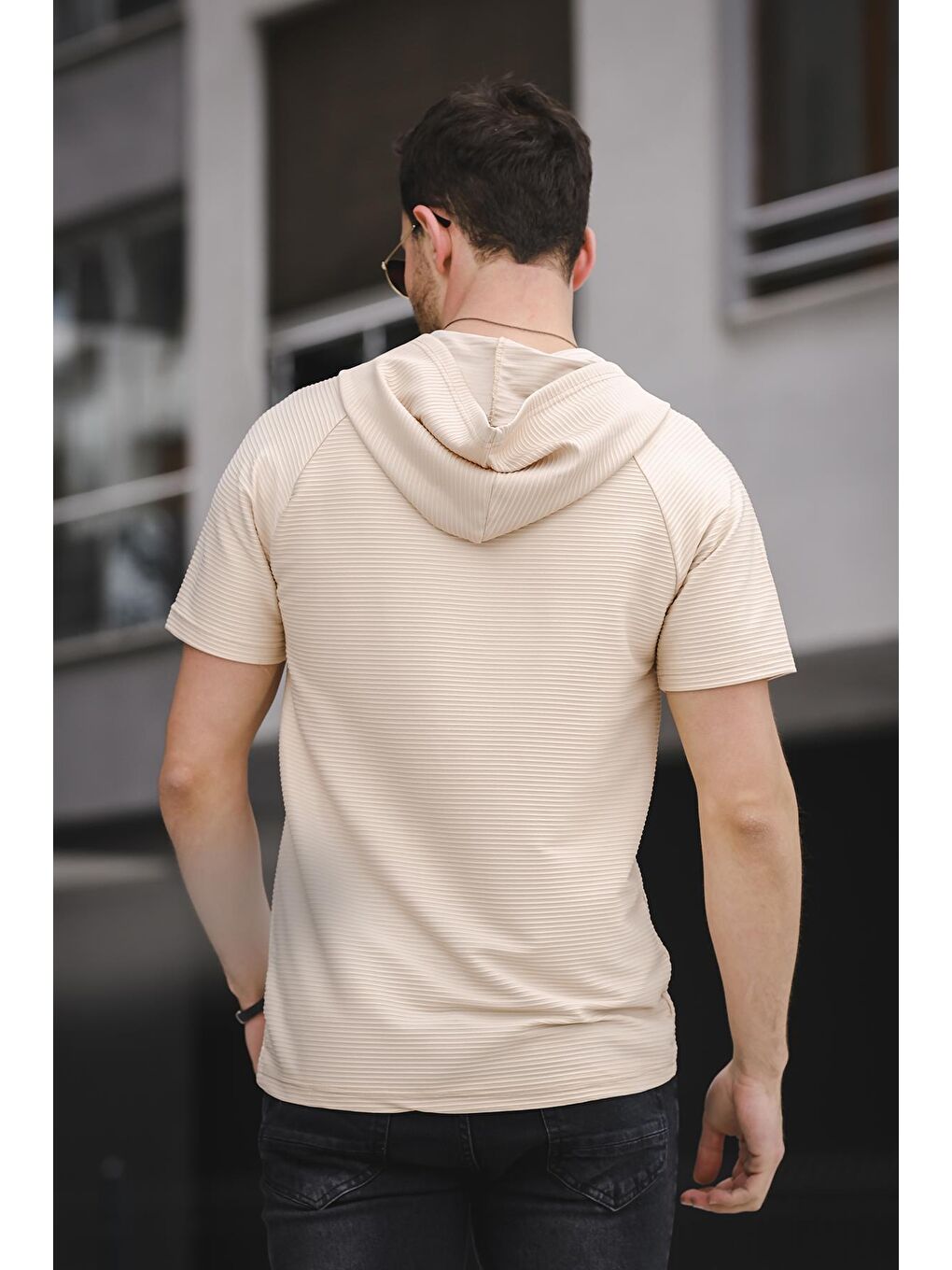 Bej Allard Ottoman Kumaş Slim Fit Fermuarlı Kapüşonlu Erkek Tişört-3