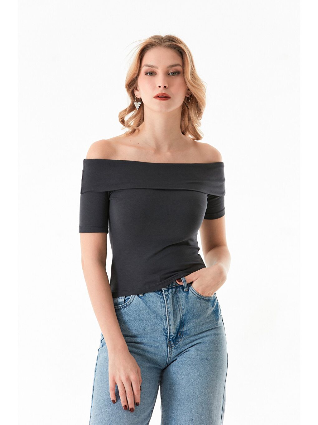 Gri Basic Madonna Yaka Bluz-3