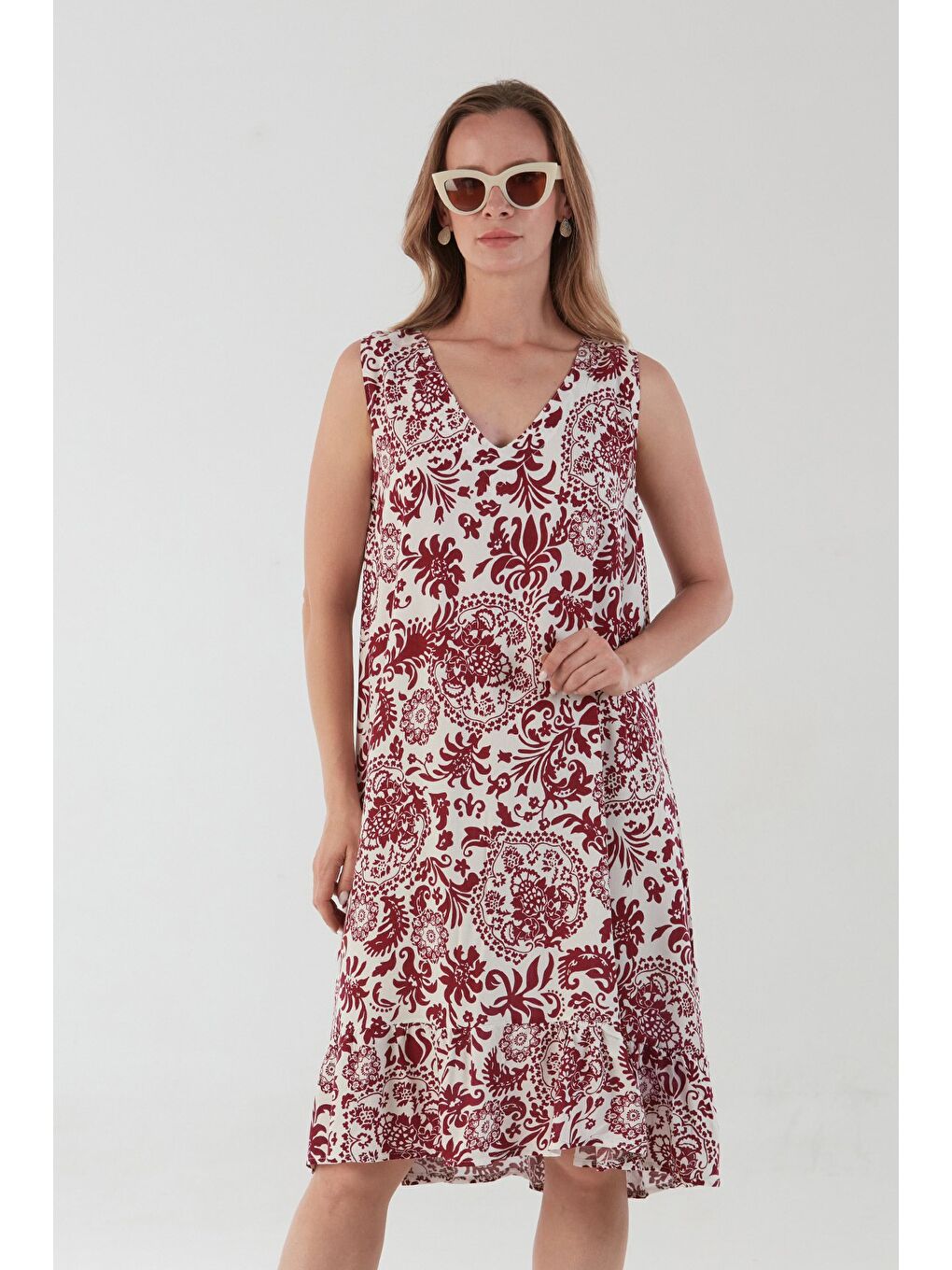 Bordo Şal Desenli V Yaka Pileli Salaş Elbise-1