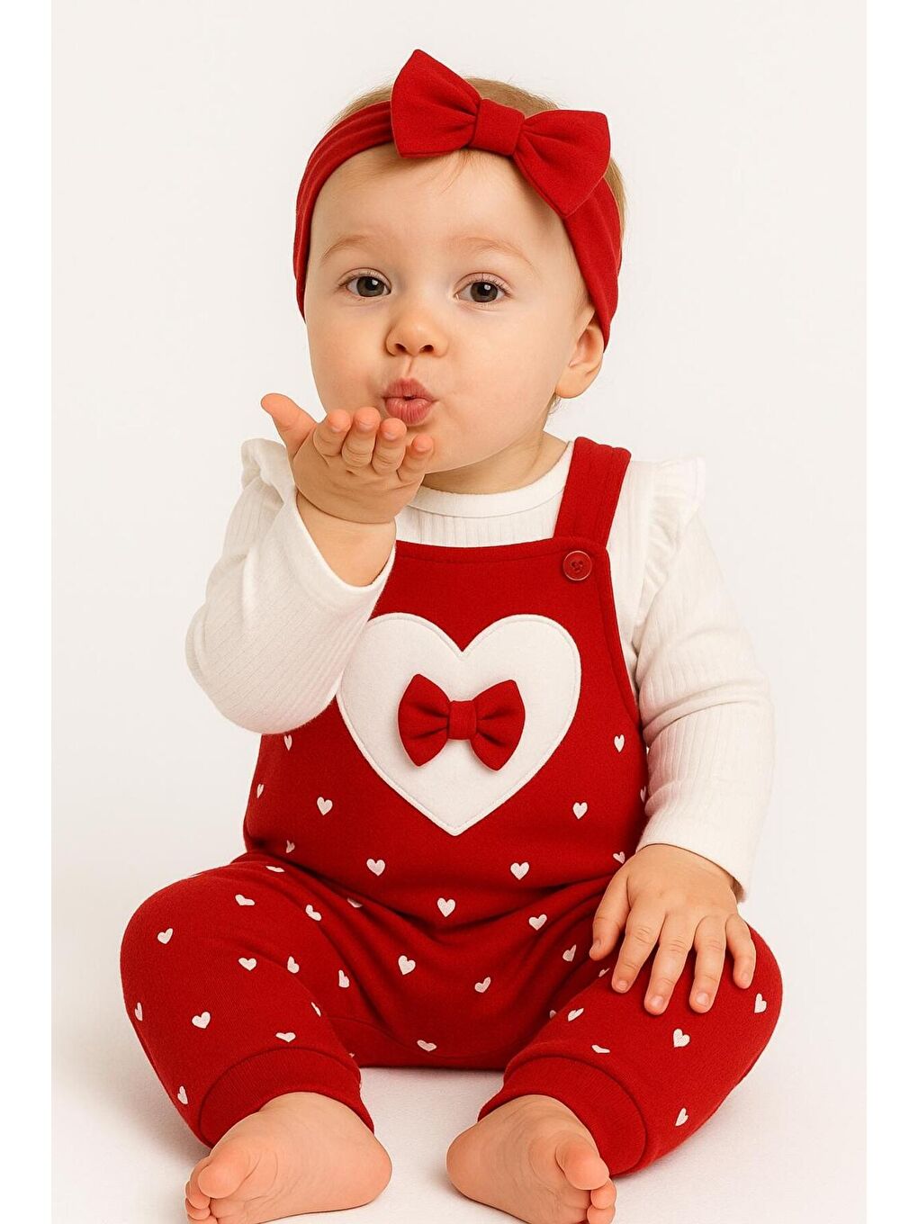 Kırmızı Kız Bebek Kalpli Fiyonk Detaylı Askılı Tulum Takım-1