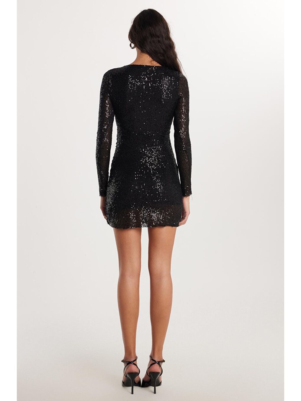 Kadın Slim Fit Dar Kesim Uzun Kol Siyah V Yaka Mini Boy Elbise-4