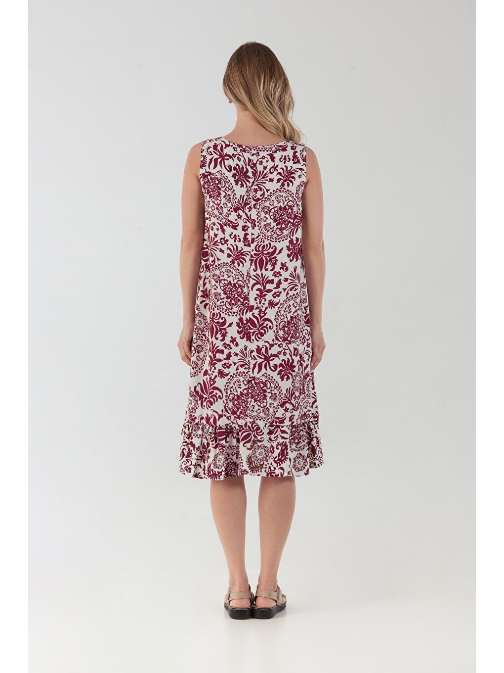 Bordo Şal Desenli V Yaka Pileli Salaş Elbise-3