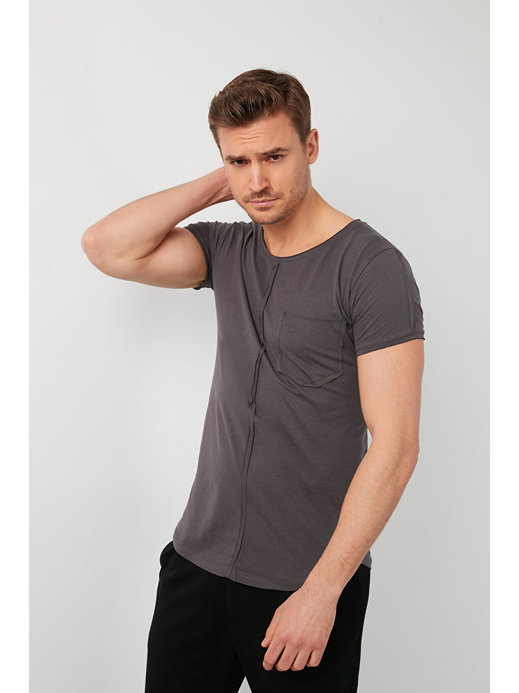 Buratti Gri Pamuklu Slim Fit Bisiklet Yaka Cepli Erkek T Shirt 5412020 - 2