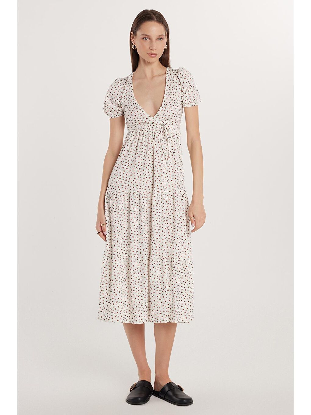 Kadın Slim Fit Dar Kesim Kısa Kollu Baskılı Gofre V Yaka Beyaz Elbise-3