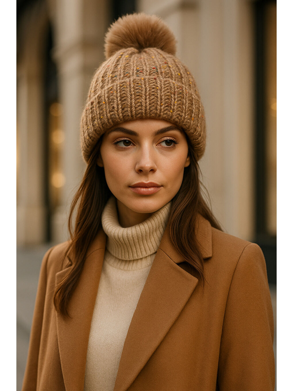 Bej Kadın Vizon Ponponlu Yünlü Bere BERE1142-2