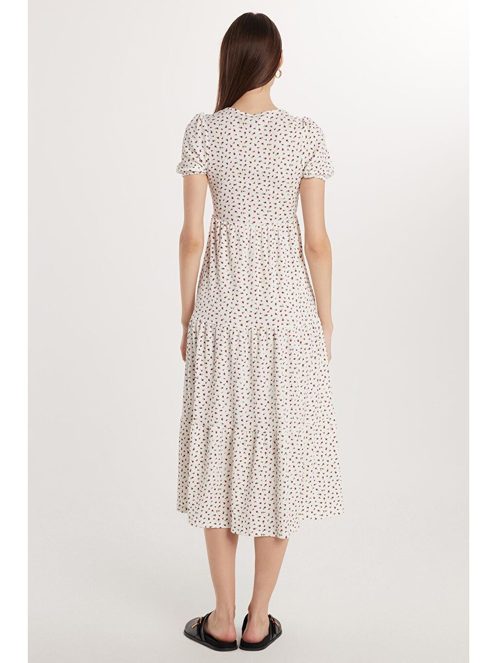 Kadın Slim Fit Dar Kesim Kısa Kollu Baskılı Gofre V Yaka Beyaz Elbise-4