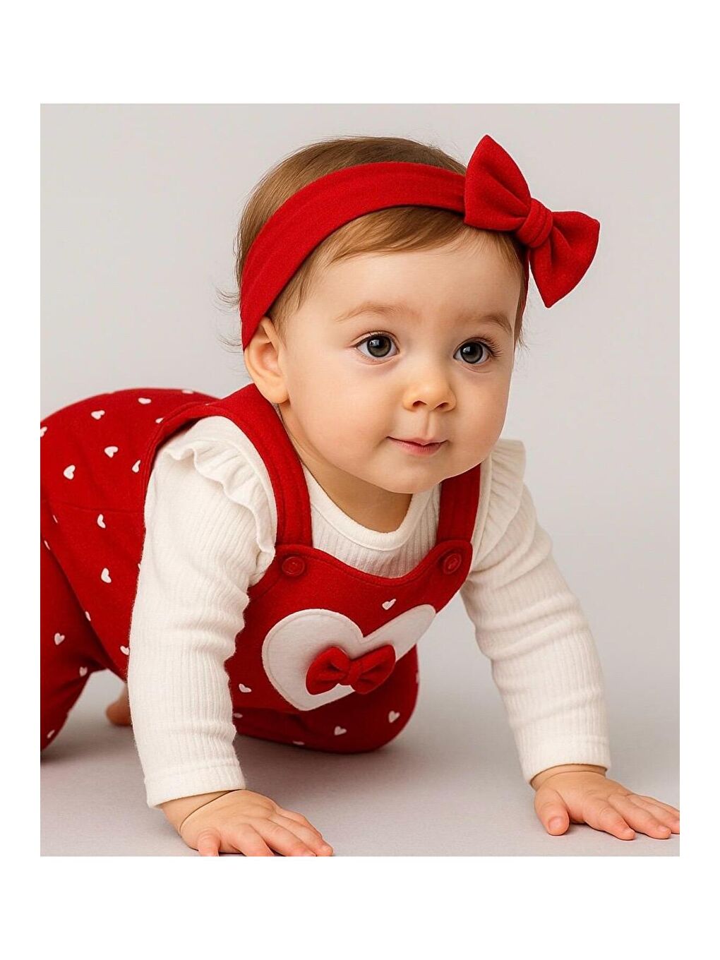 Kırmızı Kız Bebek Kalpli Fiyonk Detaylı Askılı Tulum Takım-2