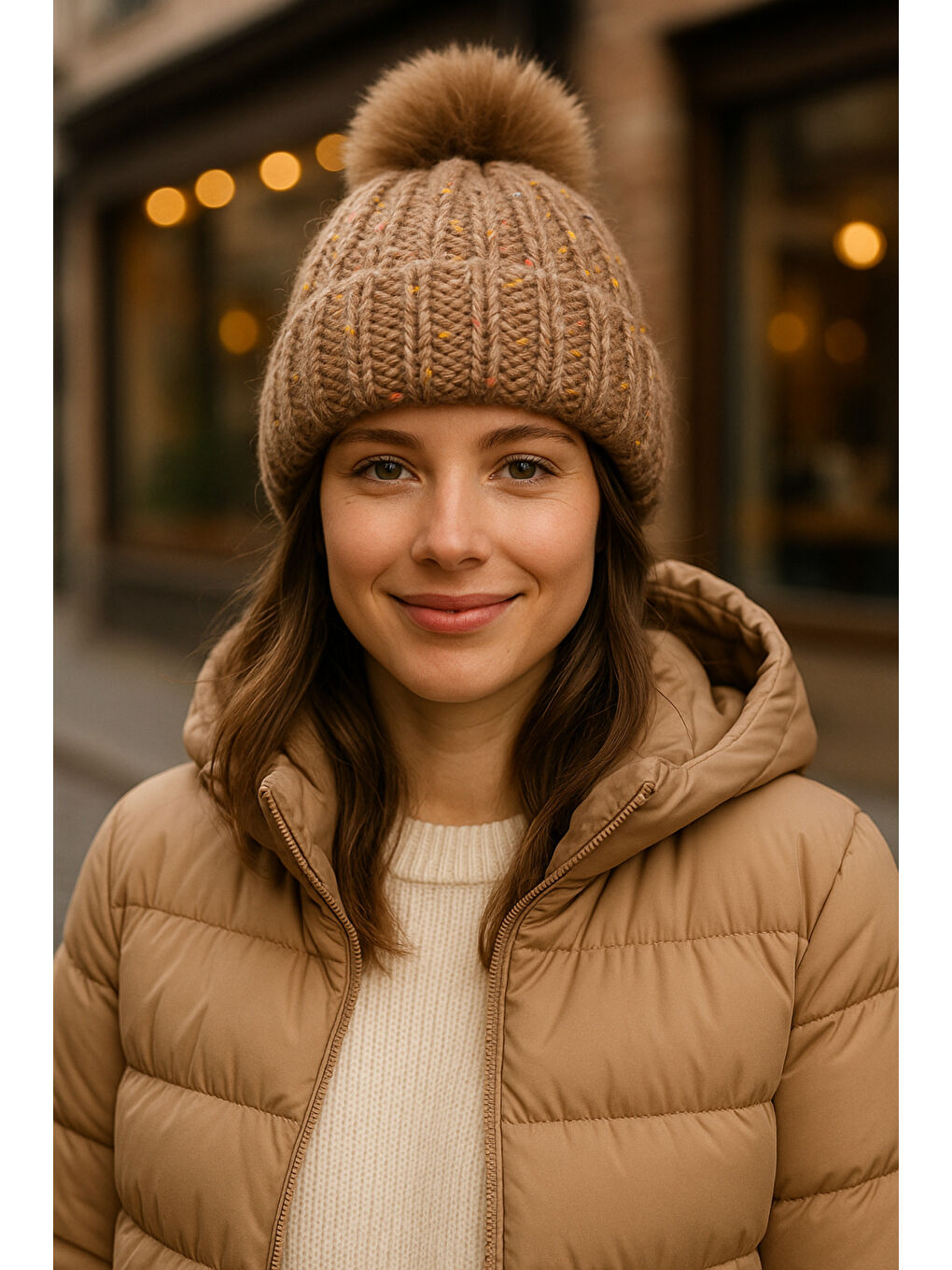 Bej Kadın Vizon Ponponlu Yünlü Bere BERE1142-3