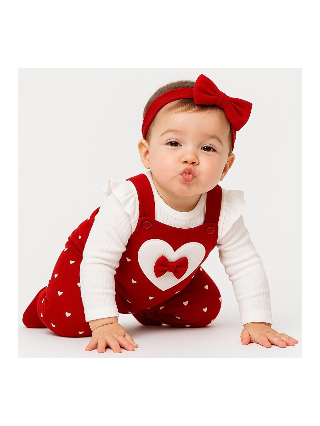 Kırmızı Kız Bebek Kalpli Fiyonk Detaylı Askılı Tulum Takım-3