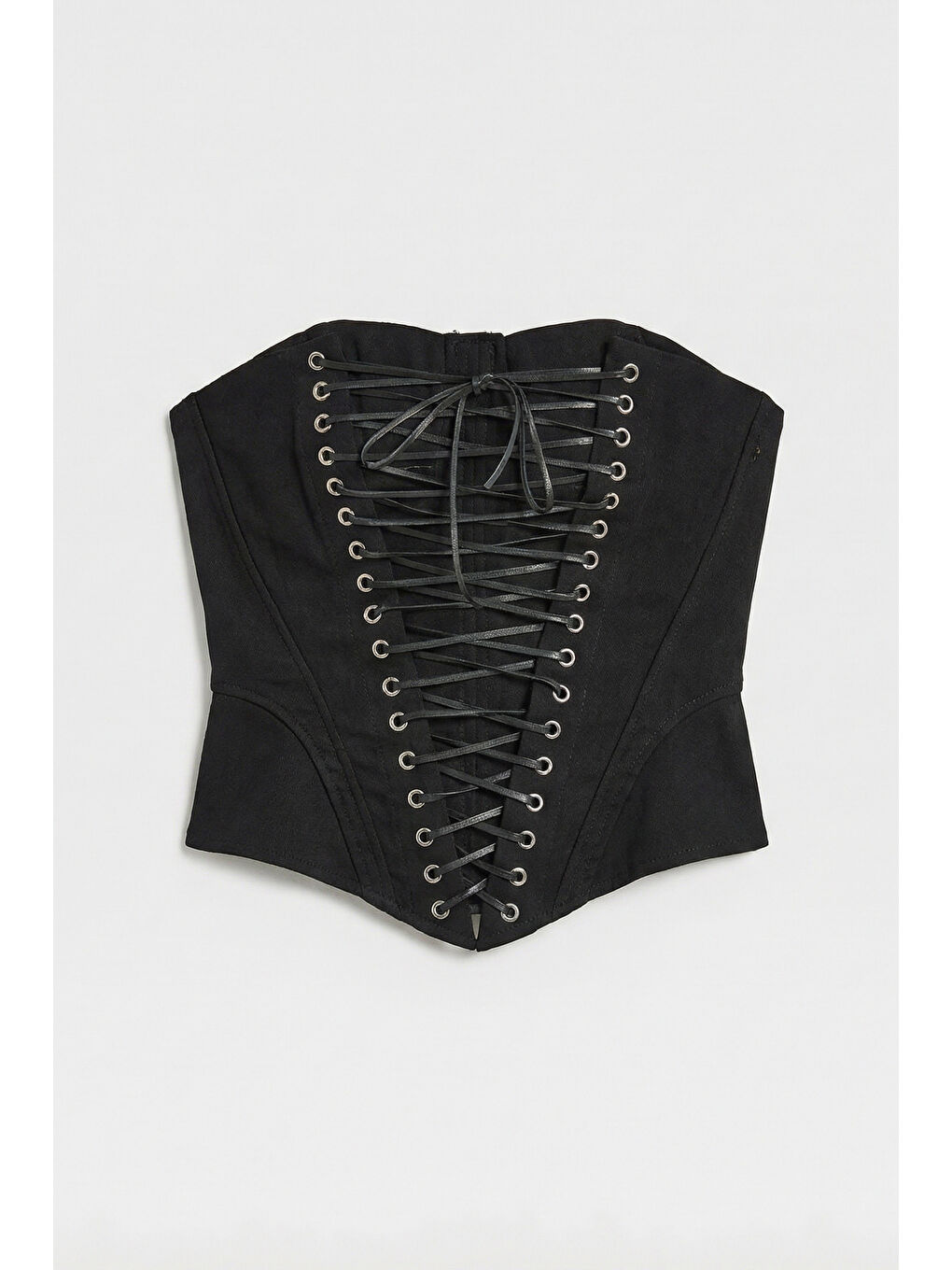 Kadın Siyah w5 Crop Kuş Gözü ve Bağcık Detaylı Straptez Özel Tasarım Büstiyer-1