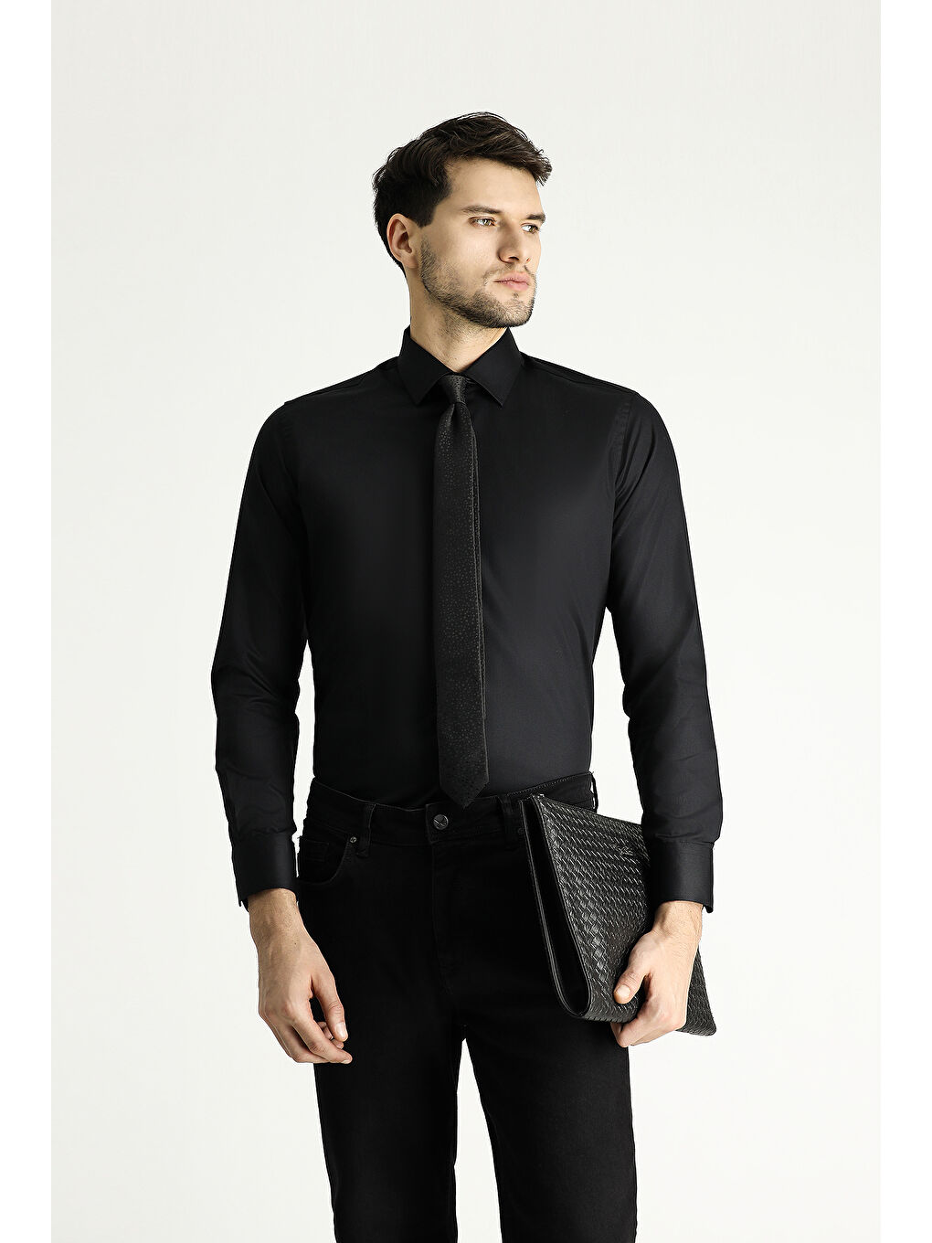 Siyah Uzun Kol Slim Fit Dar Kesim Pamuklu Non Iron Saten Klasik Gömlek-1