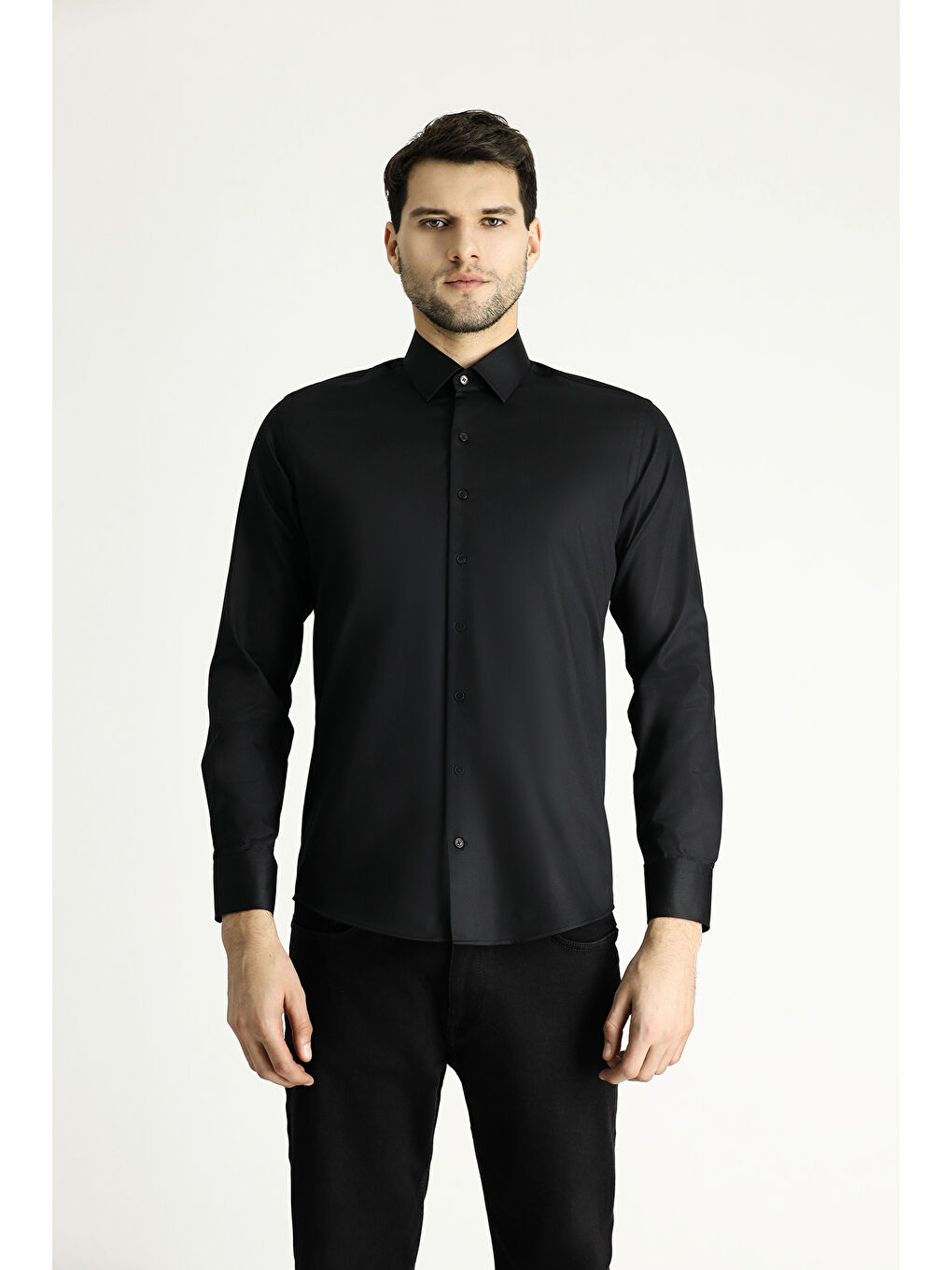 Siyah Uzun Kol Slim Fit Dar Kesim Pamuklu Non Iron Saten Klasik Gömlek-2